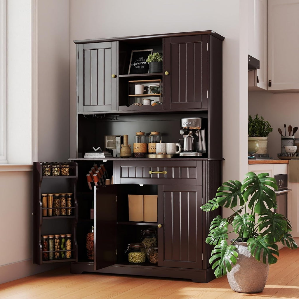 Gizoon Kitchen Hutch Cabinet Kitchen Hutch Storage Cabinet Tall Pantry Coffee Bar with Storage for Dining Room and Craft Room, Painted Dark Brown