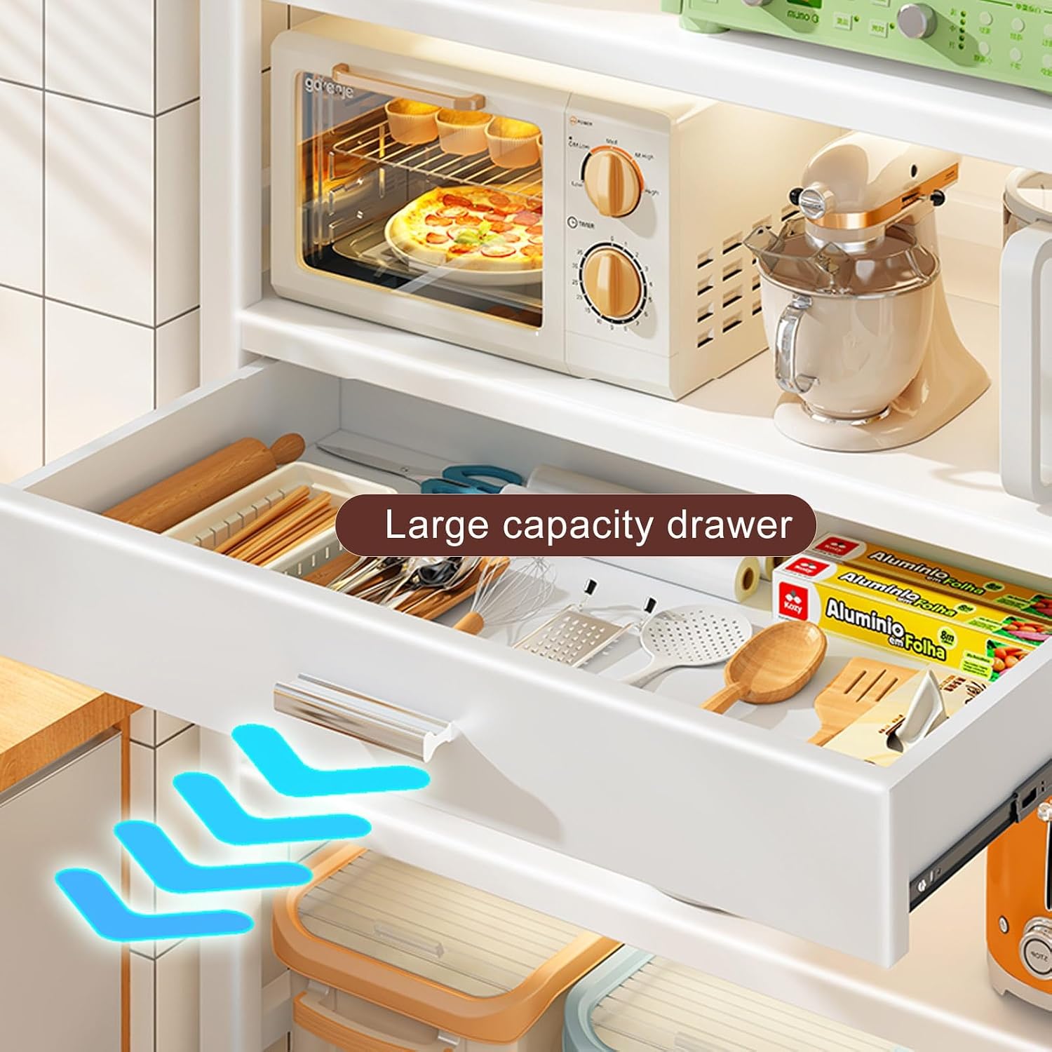 Kitchen Floor Cupboard Tall Storage Cabinet with Flip Doors Adjustable Shelves Kitchen Storage Sideboard with Countertop Free Standing，Microwave Oven Rack, 3-Tier Baker's Rack with Drawer &