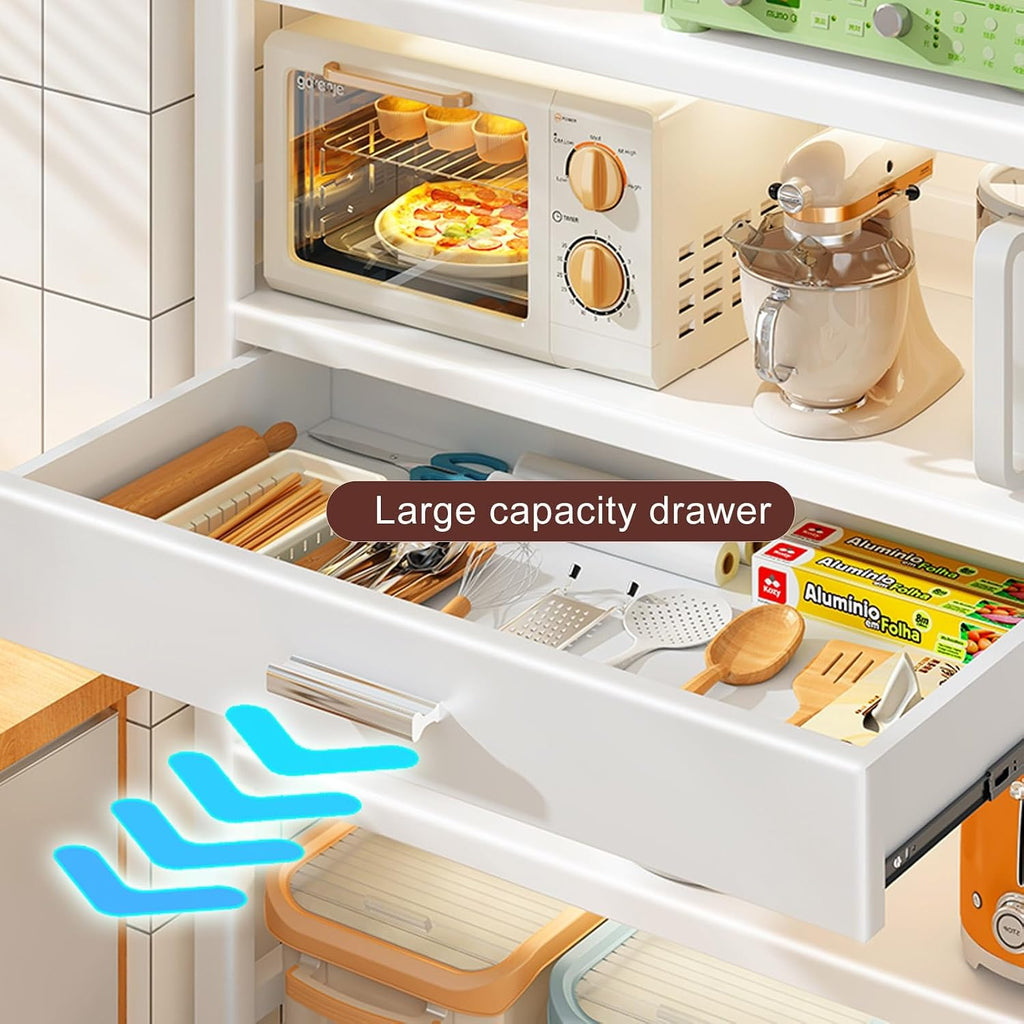 Microwave Oven Rack with Drawer Kitchen Storage Shelf on Casters Metal Baker's Rack Stand for Home Kitchen Living Room and Hallway Free Standing (White 50x39x)