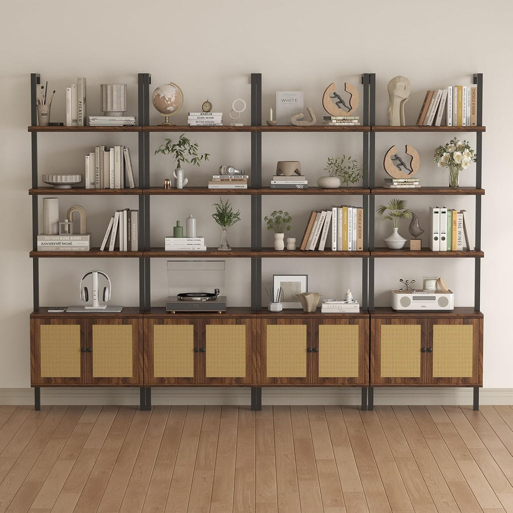Airynee Ladder Bookshelf, 4 Tier Book Shelf with Rattan Cabinet, Wall Mount Bookshelves and Bookcases with Metal Frame, Anti Dump, Tall Bookcase for Living Room, Home Office, Bedroom Walnut 4pcs