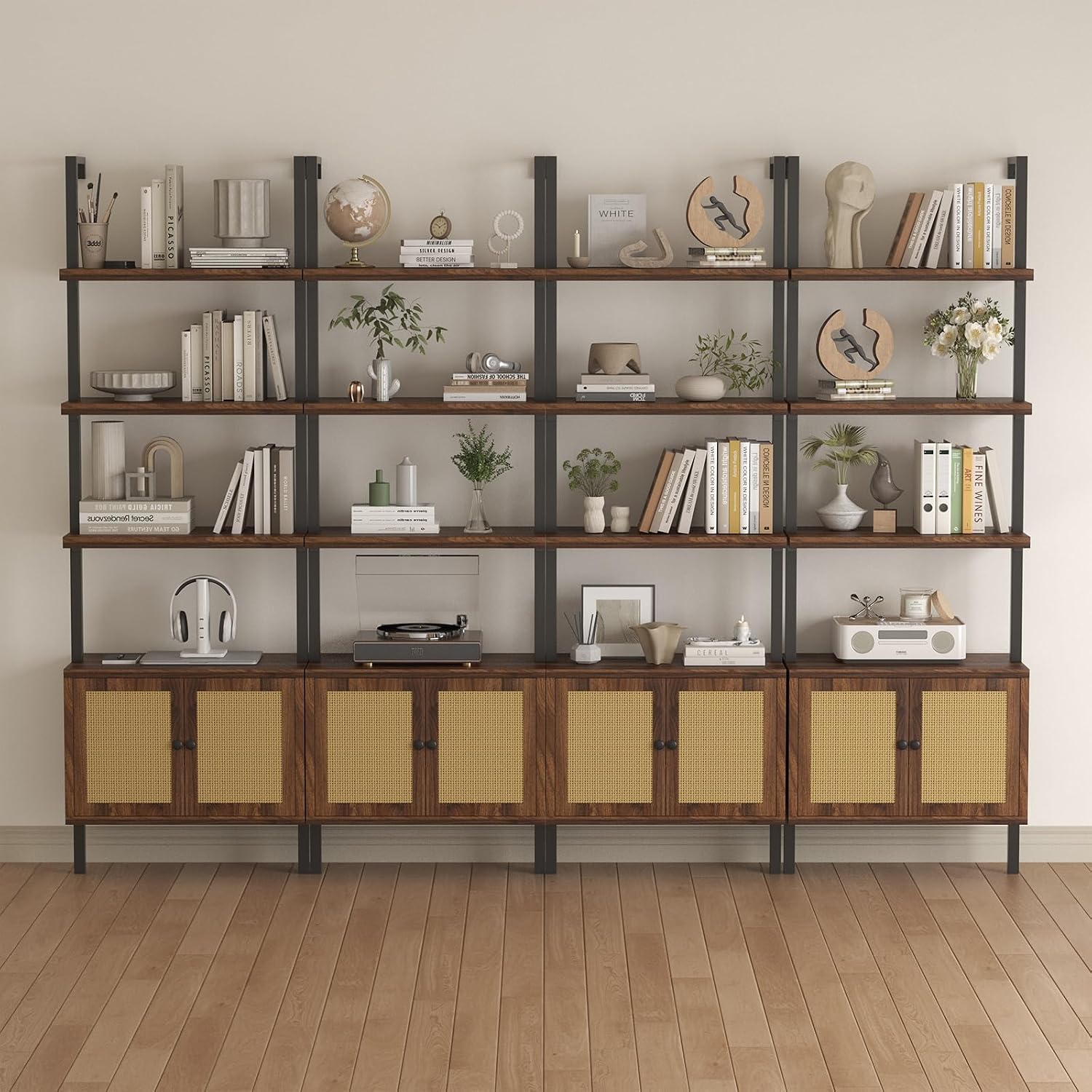 Airynee Ladder Bookshelf, 4 Tier Book Shelf with Rattan Cabinet, Wall Mount Bookshelves and Bookcases with Metal Frame, Anti Dump, Tall Bookcase for Living Room, Home Office, Bedroom Walnut 4pcs