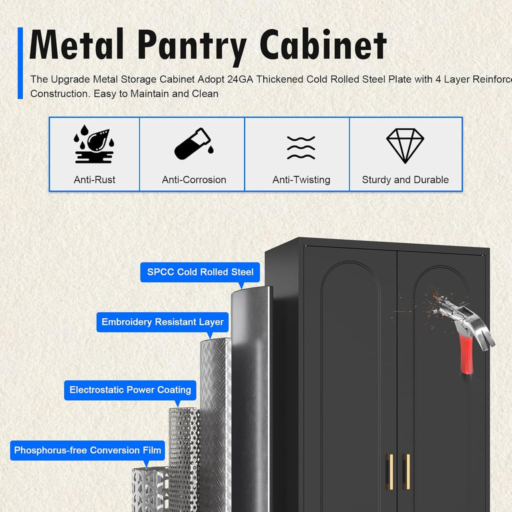 Polup 71' Tall Kitchen Pantry Cabinet, Pantry Storage Cabinet with Doors and Shelves, Metal Food Pantry Cabinets with Handles, Black Freestanding Cupboard for Living&Dining Room-Assemble Required
