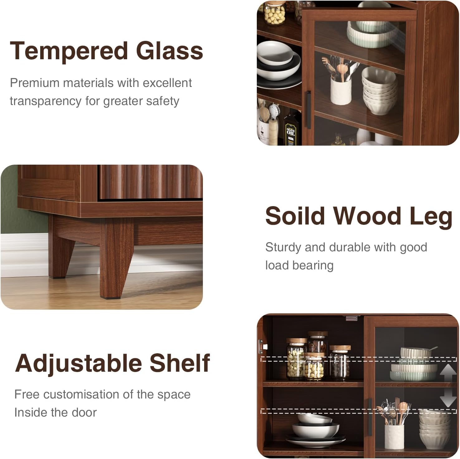 FiveWillowise Kitchen Pantry Cabinet with Glass Doors - Arched Design, Solid Wood Legs, Artistic Fluted Door, Adjustable Shelves, 70.8' Curved Storage Cabinet for Kitchen, Dining Room