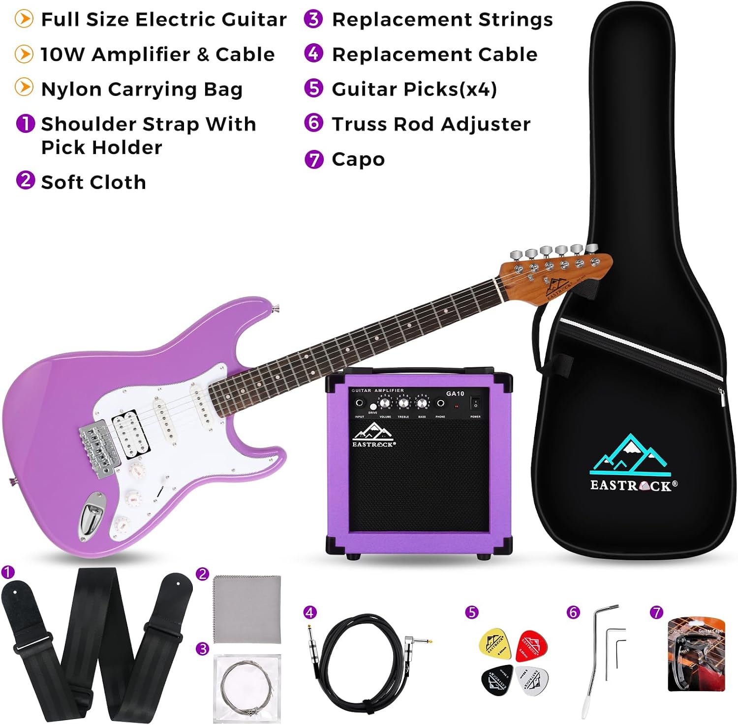 EASTROCK Electric Guitar 39' Full Size Solid Body Electric Guitar Kit for Beginner Girls & Adults with 10w Amp, Bag, Capo, Shoulder Strap, String, Cable, Picks, (Right-Handed, Purple)