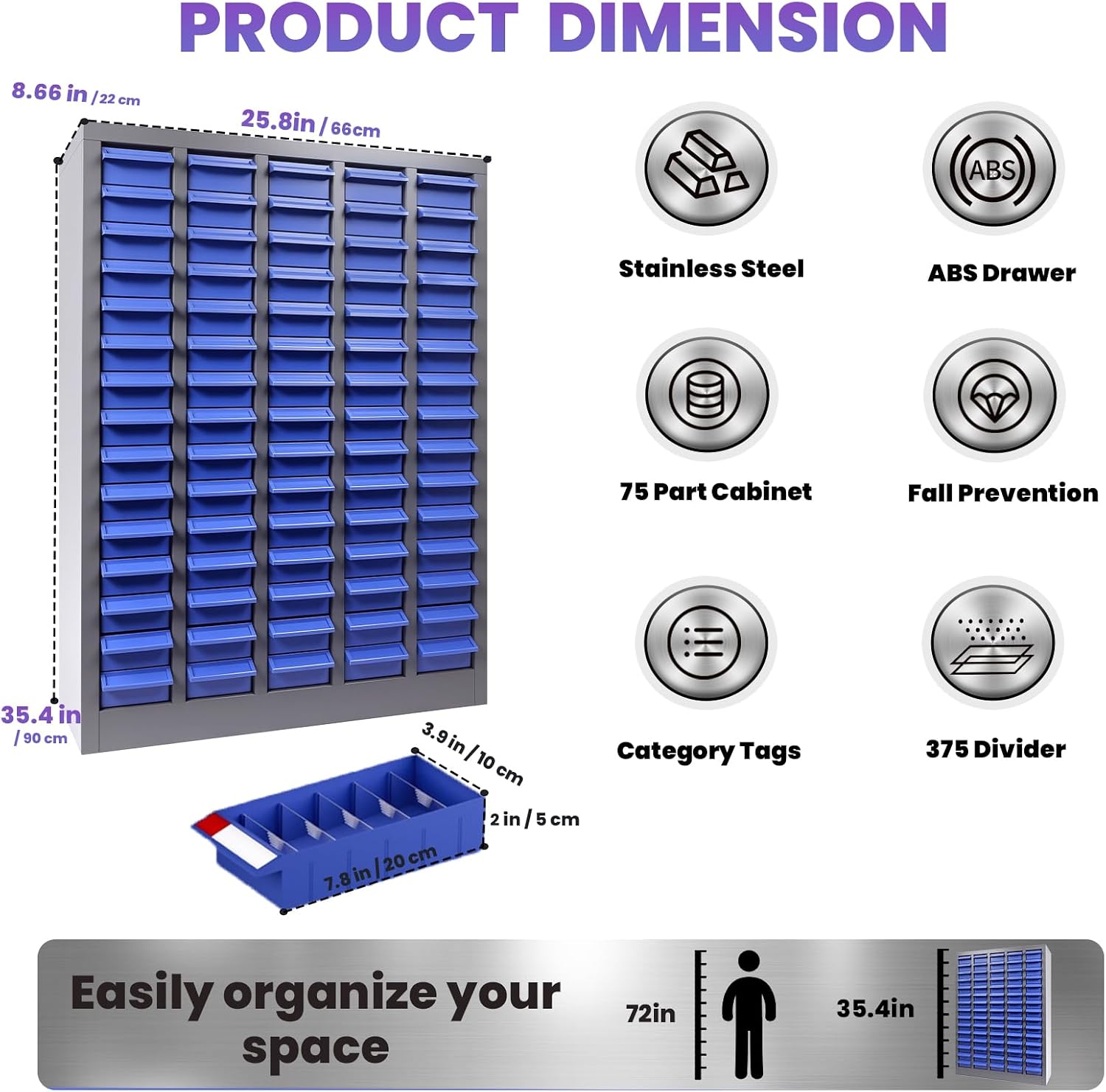 75 Drawers Stainless Steel Nut and Bolt Organizer, Parts Cabinet with Adjustable Shelves and Label Stickers, Bolt Organizer for Nuts Bolts Parts Screws Small Items
