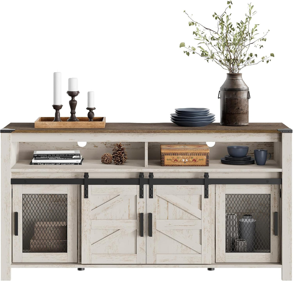 WAMPAT Farmhouse Buffet Cabinet, Rustic Sideboard with Sliding Barn Doors, 59' Coffee Bar Storage Cabinet with Mesh Doors, Cupboard Table for Kitchen, Dining Room, Living Room，Rustic Oak and White