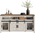 WAMPAT Farmhouse Buffet Cabinet, Rustic Sideboard with Sliding Barn Doors, 59' Coffee Bar Storage Cabinet with Mesh Doors, Cupboard Table for Kitchen, Dining Room, Living Room，Rustic Oak and White