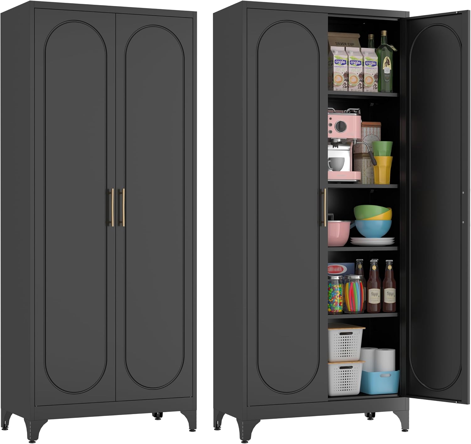 75' Tall Black Metal Storage Cabinet with Doors & Adjustable Shelves, Heavy-Duty Pantry Cabinet for Kitchen, Garage, Home Office, Living Room & School