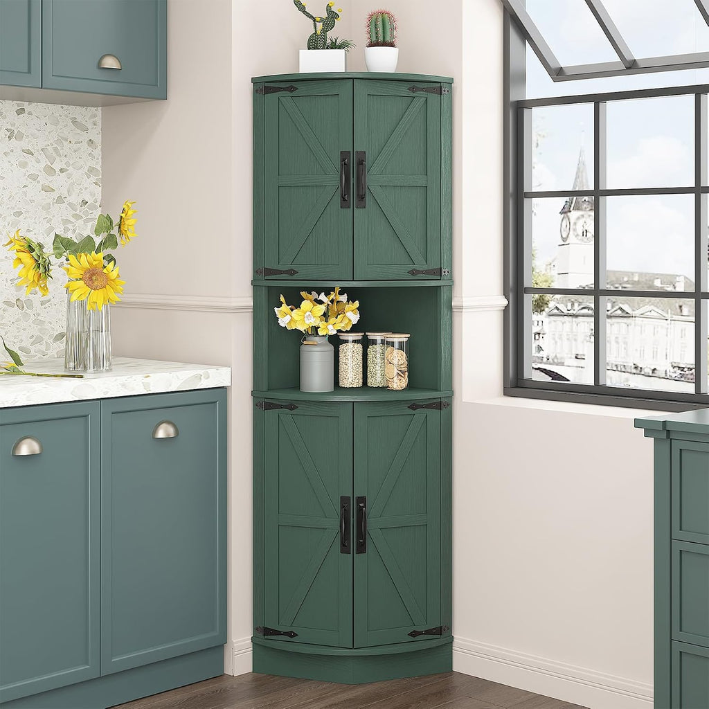 Vabches 64.8' Tall Farmhouse Corner Cabinet with 4 Doors and 5 Storage Shelves, Farmhouse Storage Cabinet with Barn Door Design, Home Space Saver for Living Room, Kitchen, Laundry Room,Green
