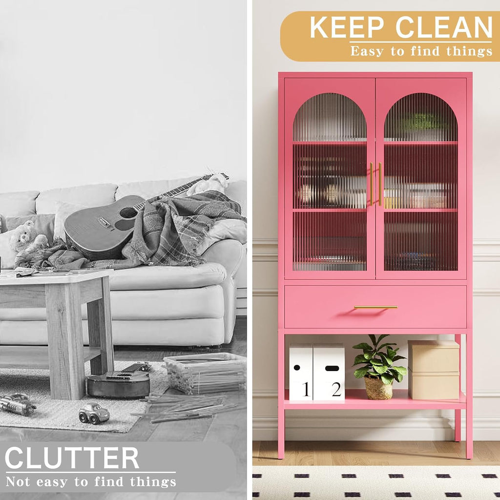 ALBAD 63 Inch Tall Metal Pantry/Display/Storage Cabinet with Fluted Glass Doors and Drawer & Adjustable Shelf for Modern Home Office Living Room Kitchen Pink