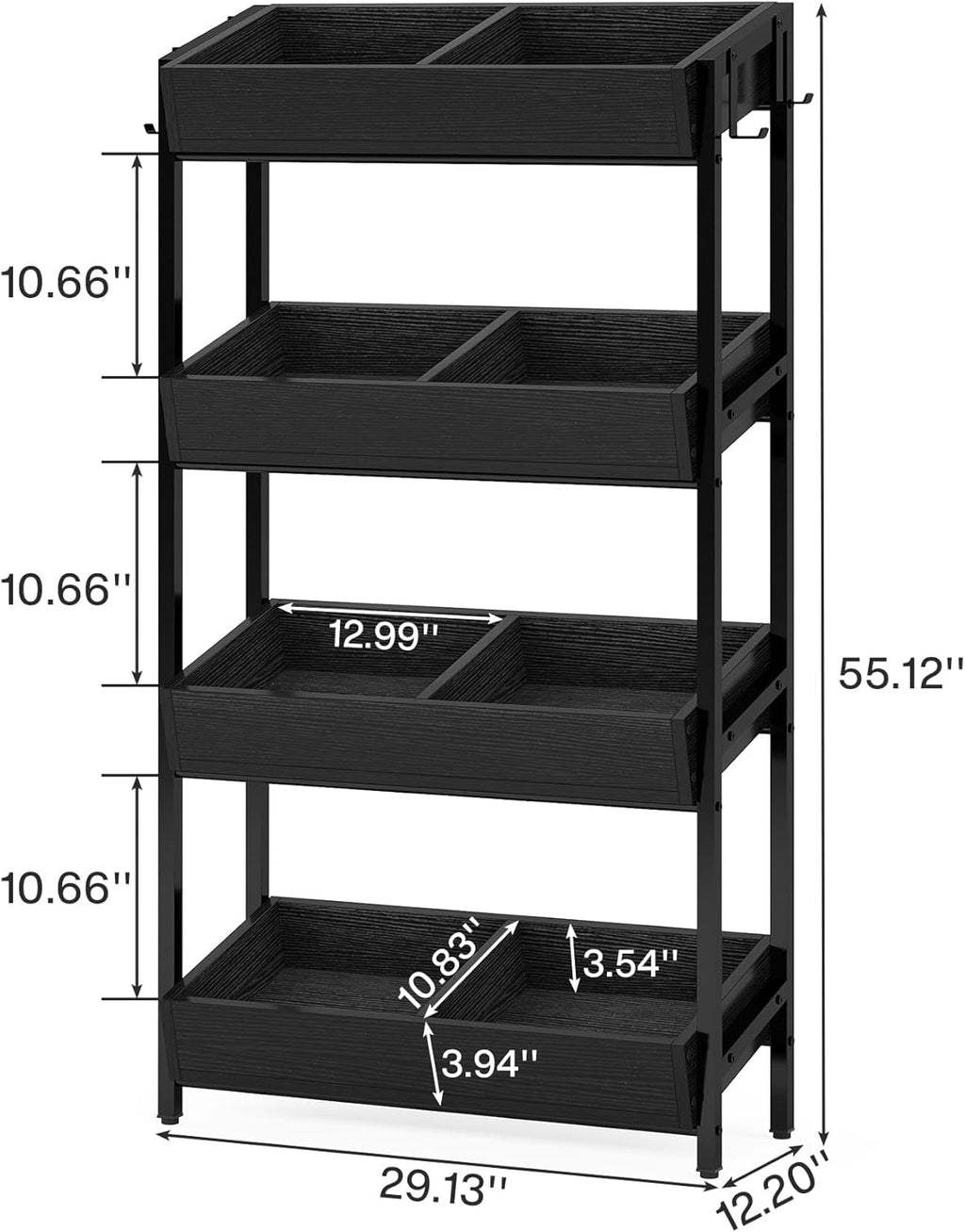 Tribesigns Wood Fruit and Vegetable Basket Stand Rack for Kitchen, Office, Store, Supremarket, Pantry Shelf Unit for Snacks, 4-Tier Wooden Utility Storage Shelves Set of 2 (Black)