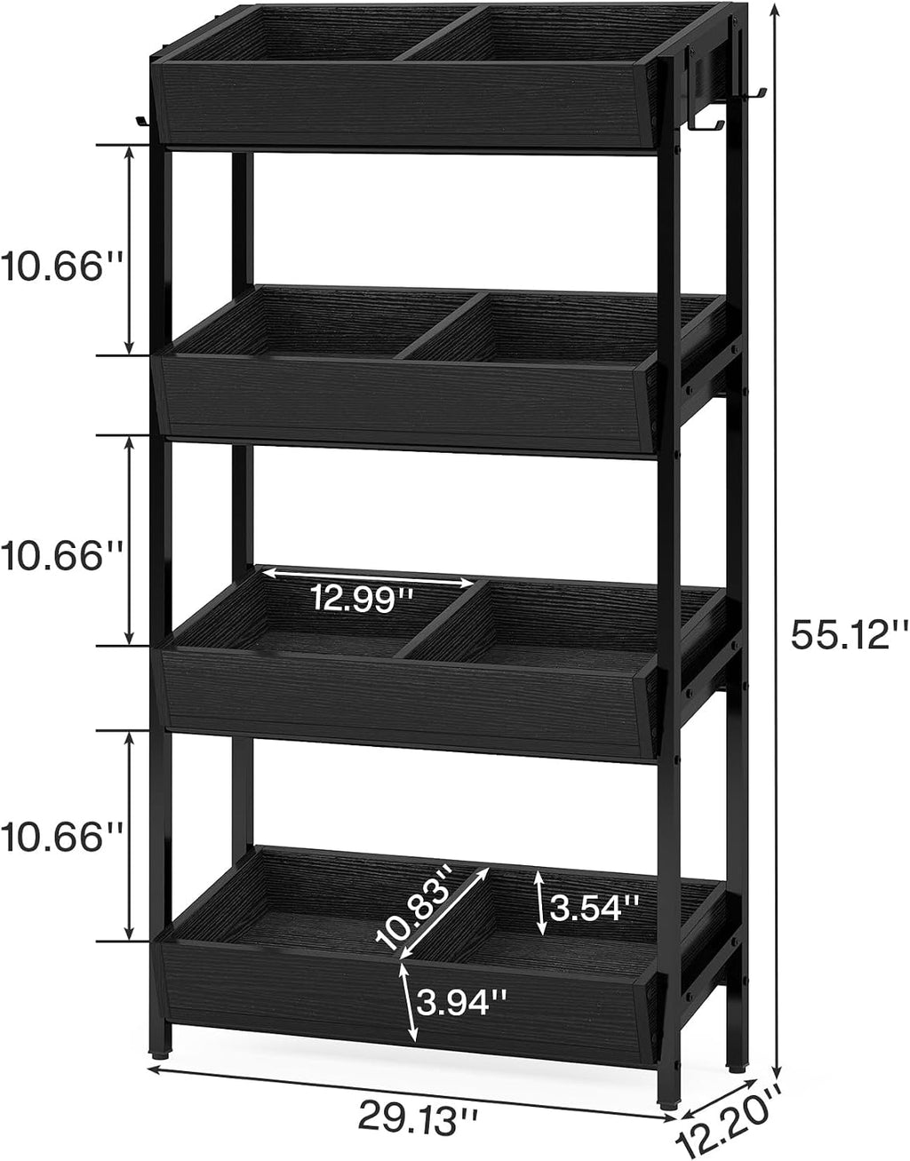 Tribesigns Wood Fruit and Vegetable Basket Stand Rack for Kitchen, Office, Store, Supremarket, Pantry Shelf Unit for Snacks, Cookies, Candies, 4-Tier Wooden Utility Storage Shelves (Black, 2PCS)