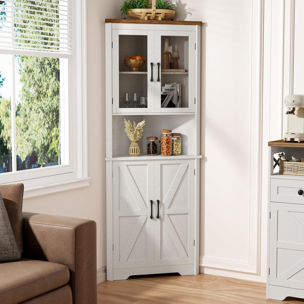 67''H Tall Corner Cabinet with 4 Tempered Glass Doors and Barn Doors, Farmhouse Storage Cabinet with 2 Adjustable Shelves, Home Pantry Hutch for Kitchen, Dining Living Room, Bathroom, Antique White