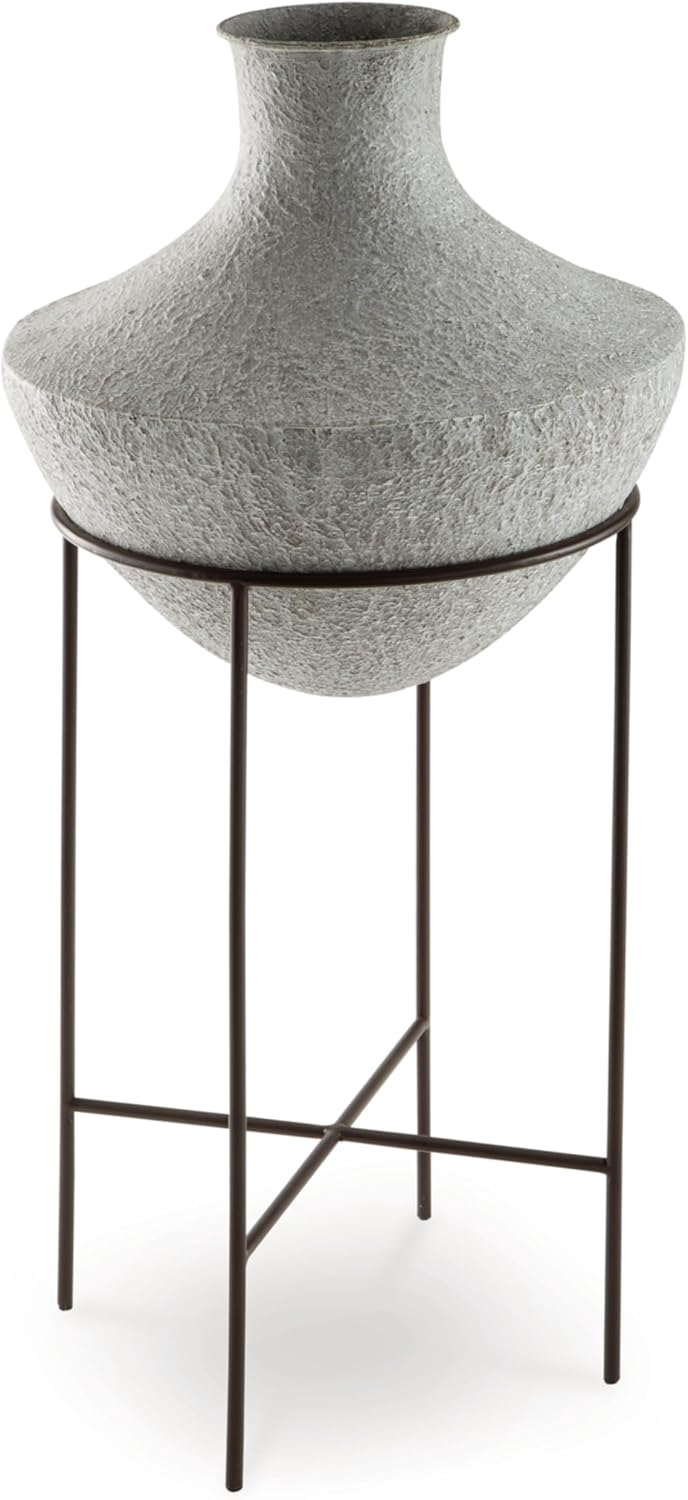 Signature Design by Ashley Estonbank Casual Indoor Distressed Metal Floor Vase with Stand, White & Black