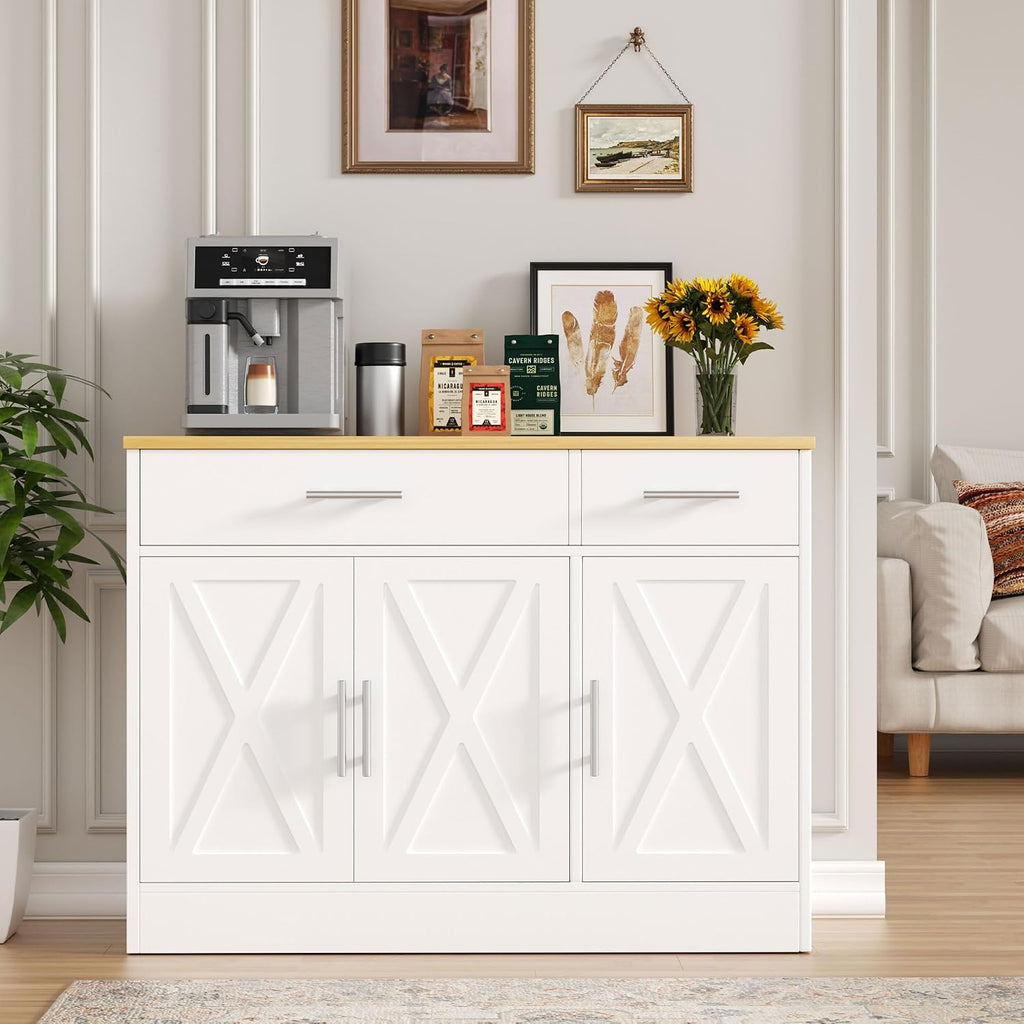 Buffet Cabinet with Storage, Coffee Bar Cabinet, Farmhouse Wood Kitchen Cabinets with Drawers and Doors, Wide Sideboard Cabinets, White