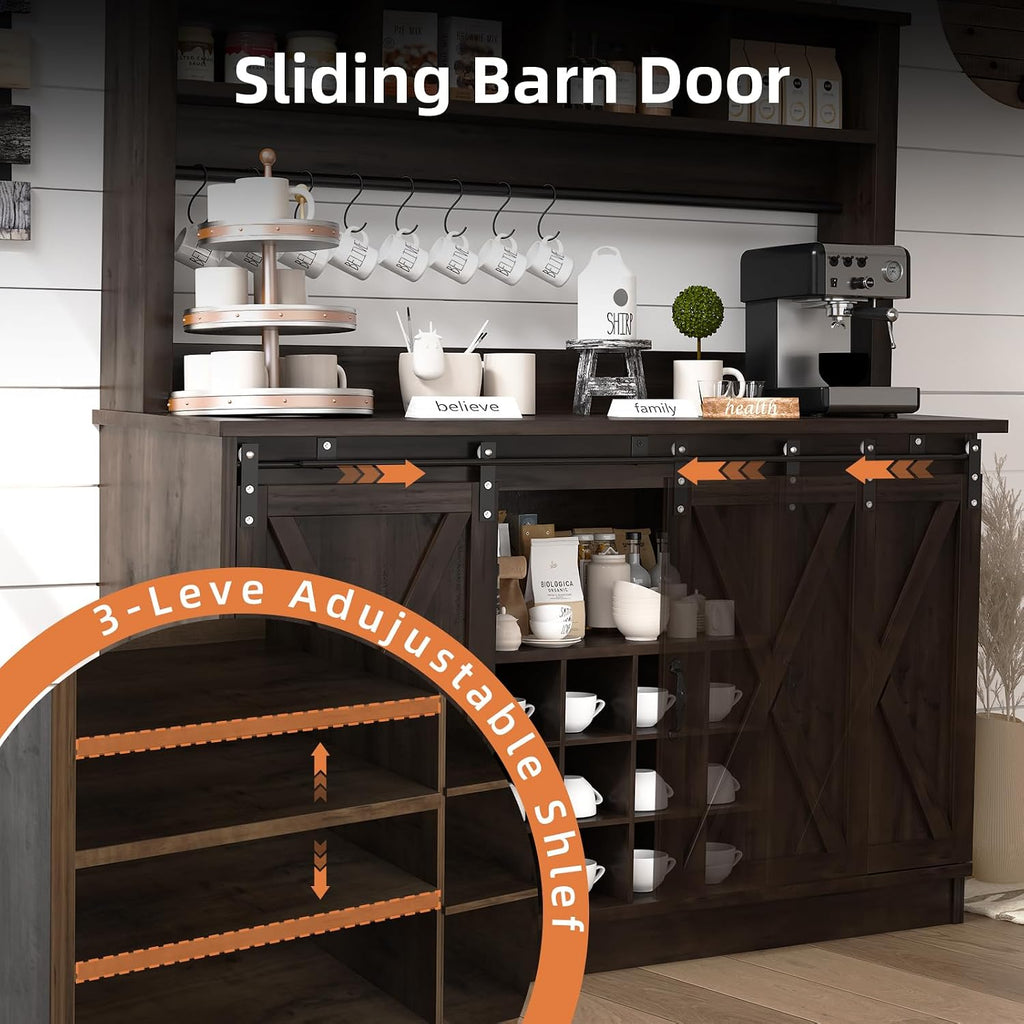4ever2buy Farmhouse Coffee Bar Cabinet with Storage Hutch, 55' Wine Bar with 12 Wine Racks and 8 Hooks, Coffee Station with 4 Open Shelves and Sliding Barn Doors for Kitchen, Dining Room, Dark Oak