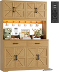 HIFIT 71' Tall Kitchen Pantry Cabinet with RGB LED and Charging Station, Farmhouse Coffee Bar Cabinet with Large Countertop and 6 Hooks, Kitchen Hutch Storage Cabinet, Natural