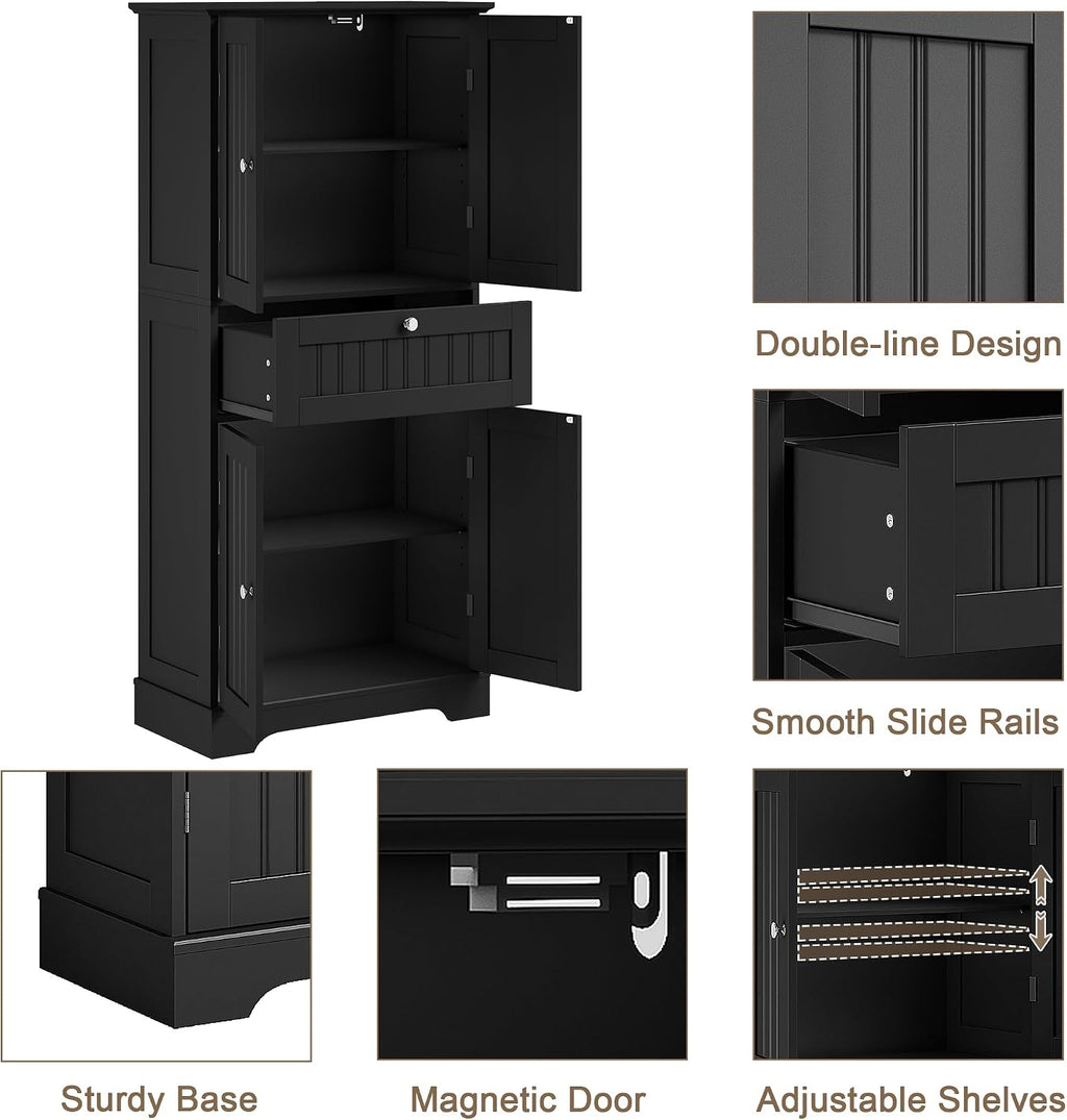 ChooChoo 51' H Tall Bathroom Floor Cabinet, Modern Bathroom Storage Cabinet with Drawer and Adjustable Shelves, Freestanding Kitchen Pantry Cupboard with 4 Doors for Living Room, Black