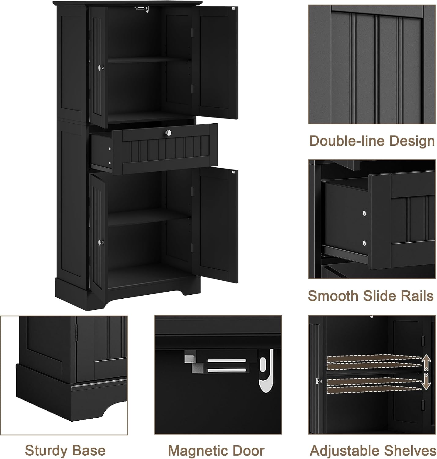 ChooChoo 51' H Tall Bathroom Floor Cabinet, Modern Bathroom Storage Cabinet with Drawer and Adjustable Shelves, Freestanding Kitchen Pantry Cupboard with 4 Doors for Living Room, Black