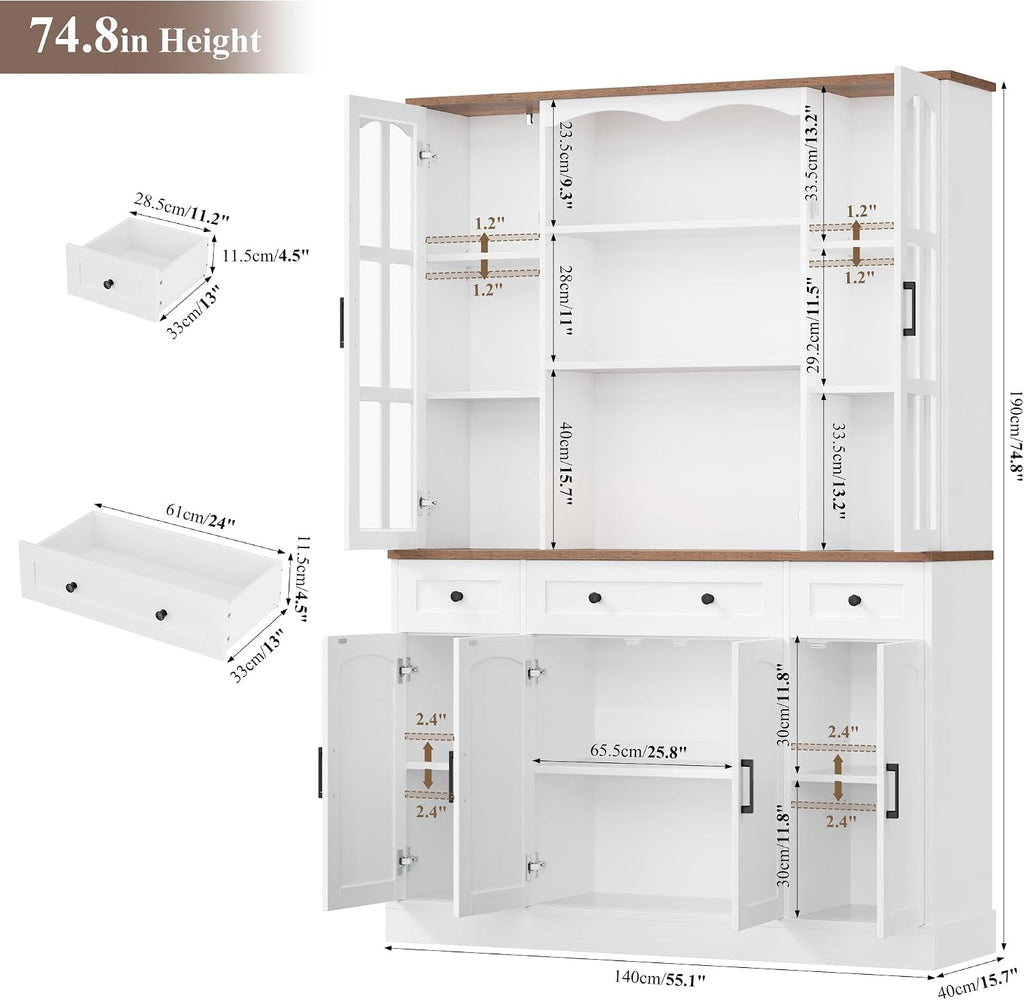 Keyluv 74.8' H Tall Pantry Cabinet with Microwave Stand and 3 Drawers, Large Kitchen Hutch Storage Cabinet with Glass Door and Adjustable Shelves for Kitchen, Dining Room, Living Room, White