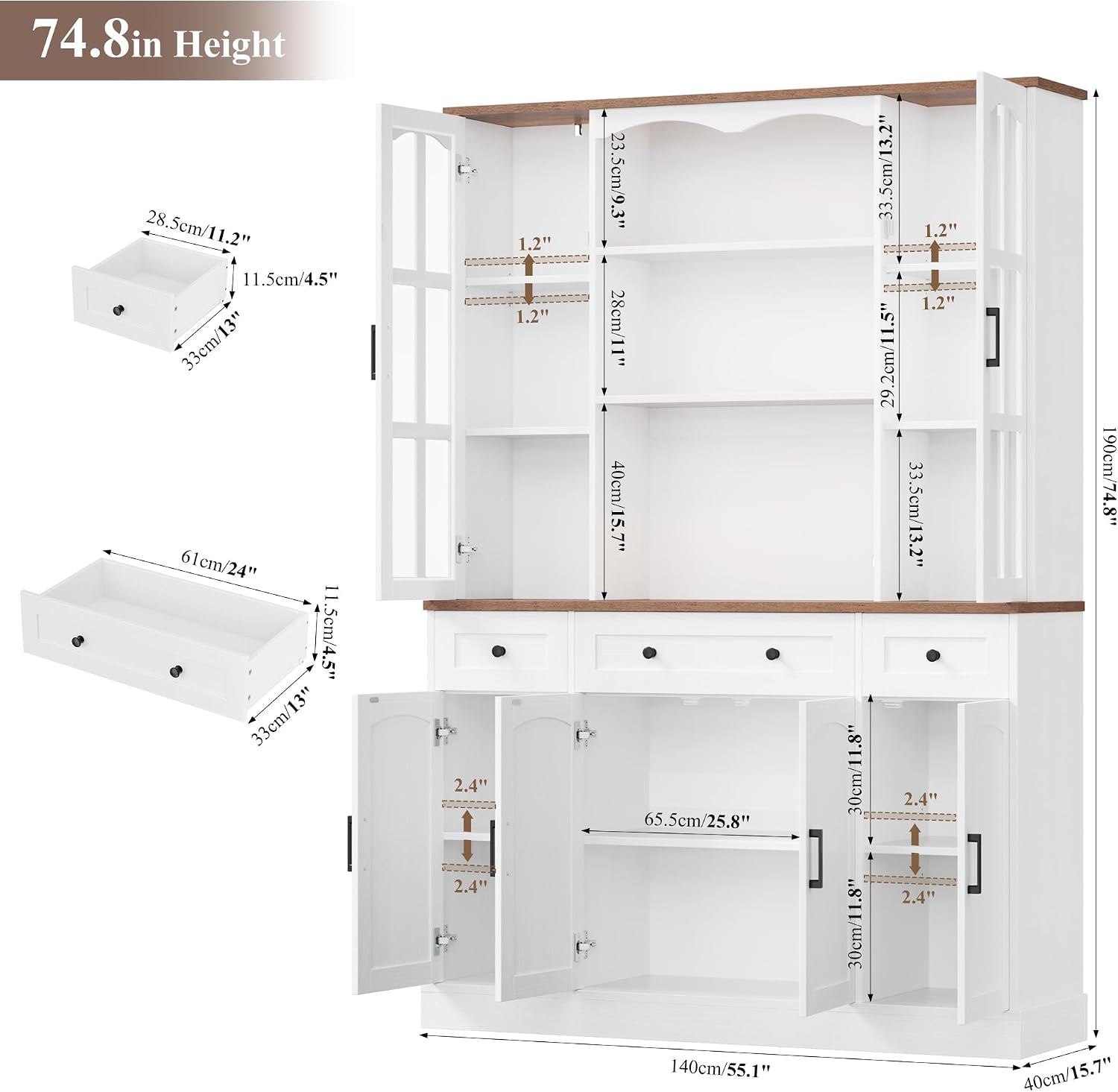 Keyluv 74.8' H Tall Pantry Cabinet with Microwave Stand and 3 Drawers, Large Kitchen Hutch Storage Cabinet with Glass Door and Adjustable Shelves for Kitchen, Dining Room, Living Room, White