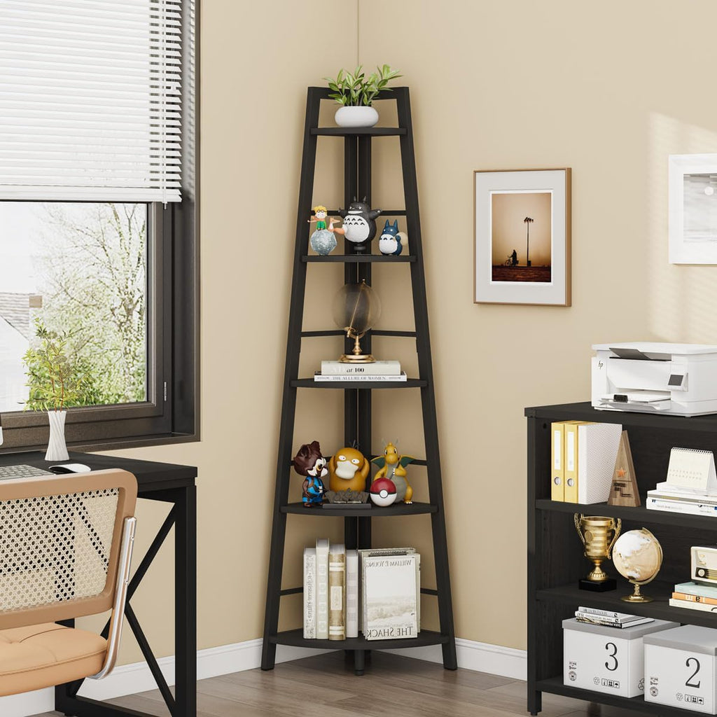 BON AUGURE 5-Tier Corner Shelf, Industrial Tall Corner Bookshelf for Living Room, Narrow Ladder Bookcase with Metal Frame, Rustic Wood Corner Plant Stand for Small Space, Home Office, Black Oak