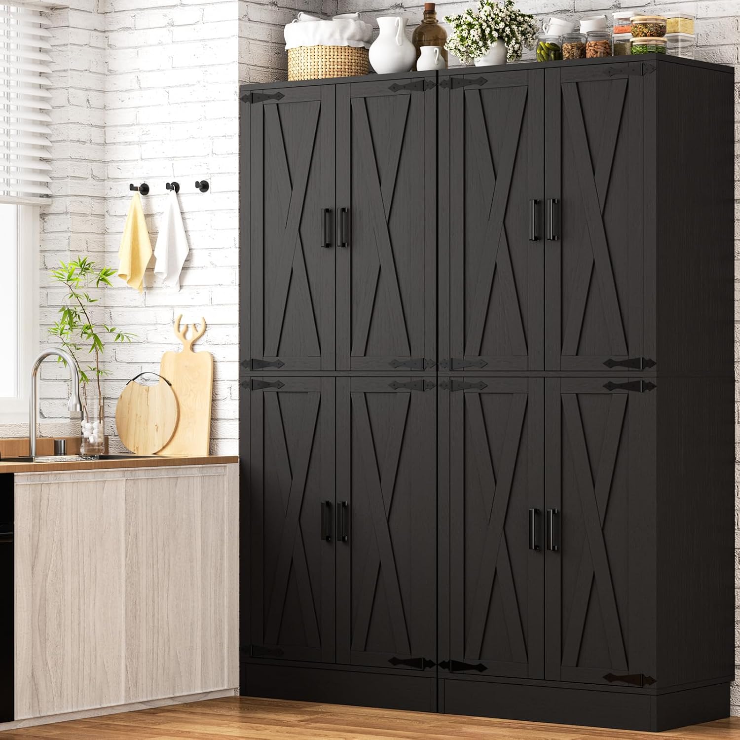 Unikito Black 71' Tall Kitchen Pantry Cabinet, Hidden Drawer and Farmhouse Barn Doors, 4 Adjustable Shelves, Freestanding Cupboard for Kitchen, Dining Room, Living Room, Utility Room