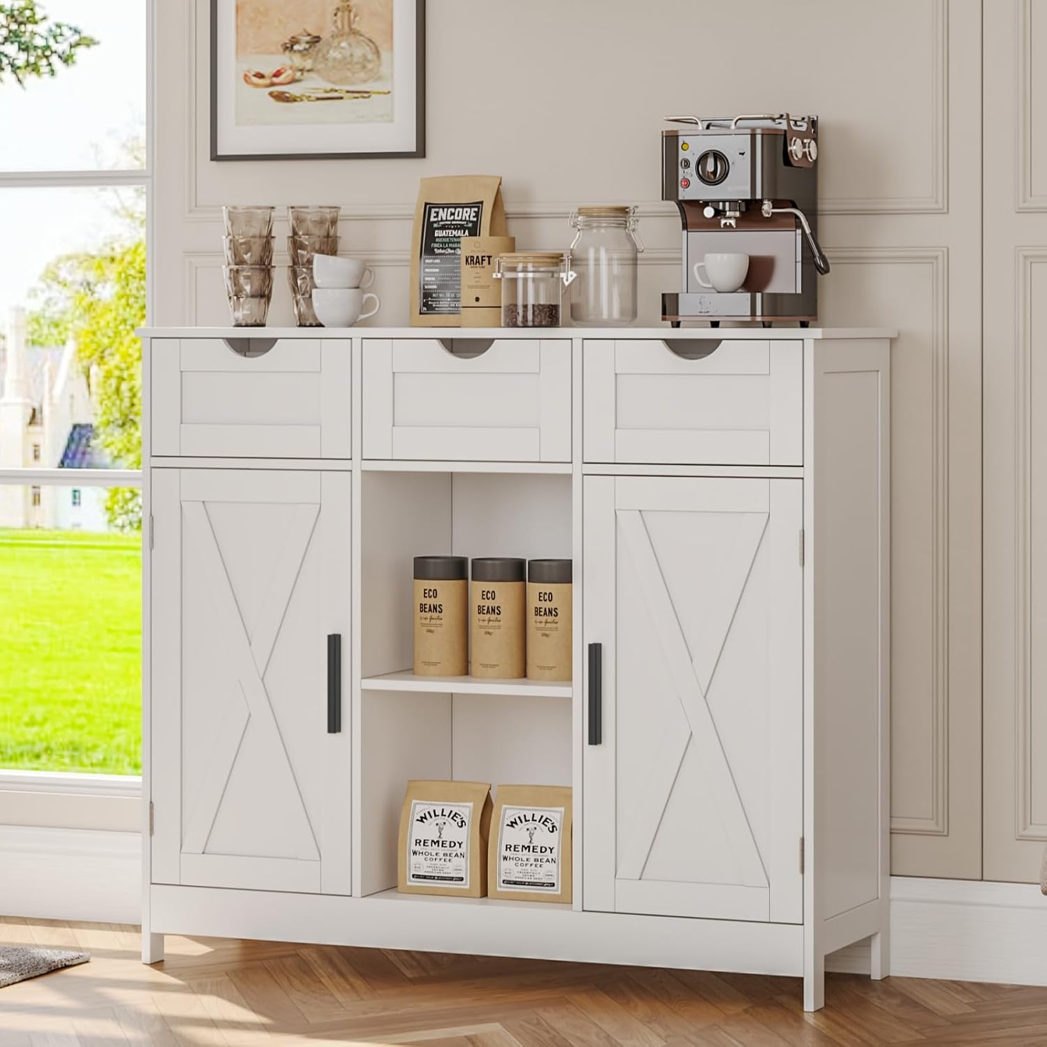 Viaozutis Storage Cabinet, Coffee Bar Cabinet with 2 Adjustable Shelves, 3 Drawers, and 2 Doors, for Bathroom, Kitchen, Living Room (White)