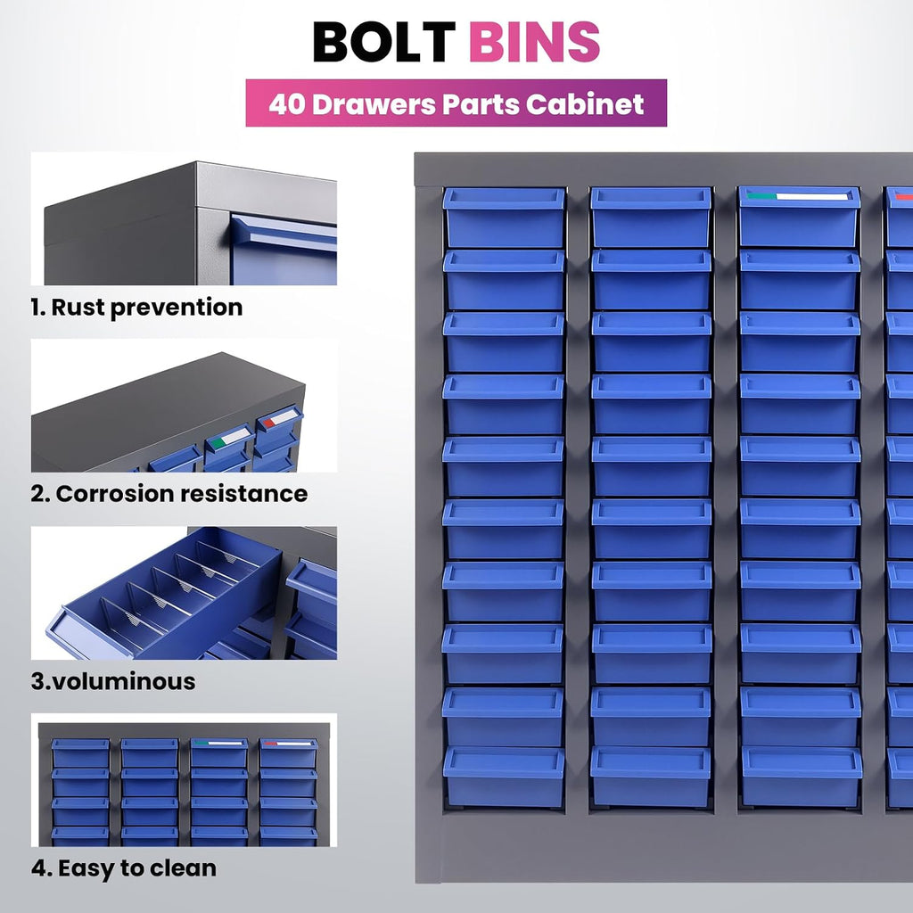 40 Drawers 21x9x25 Inch Bolt and Nut Organizer, Stainless Steel Parts Cabinet with Shelfs & Labels Bolt and Nut Tool Storage Cabinet for Workshop Tool & Hardware Storage and Organization