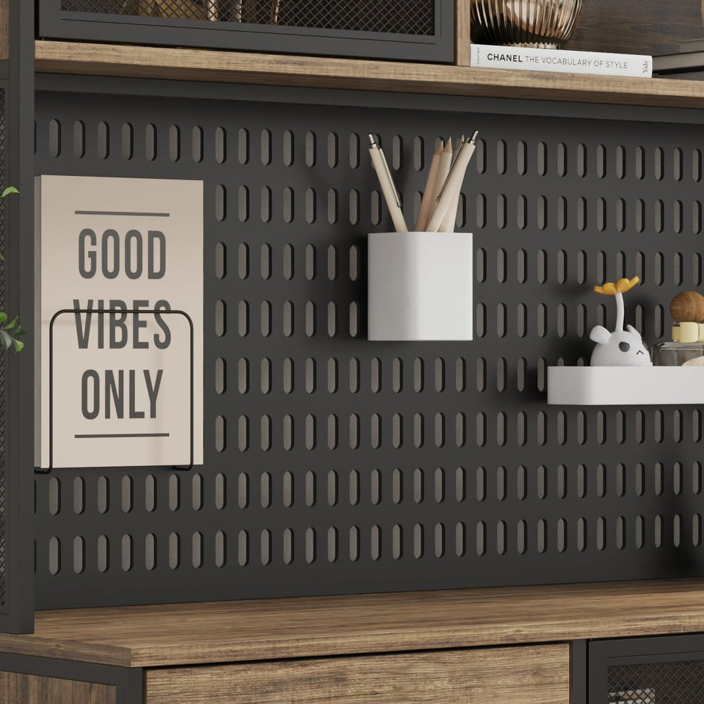 MOUMON 70.9' Extra Large Kitchen Pantry Cabinet with Hutch, Industrial Kitchen Hutch with 6 Drawers and 4 Mesh Doors, Large Coffee Bar Cabinet with Pegboard and Shelves, Brown and Black
