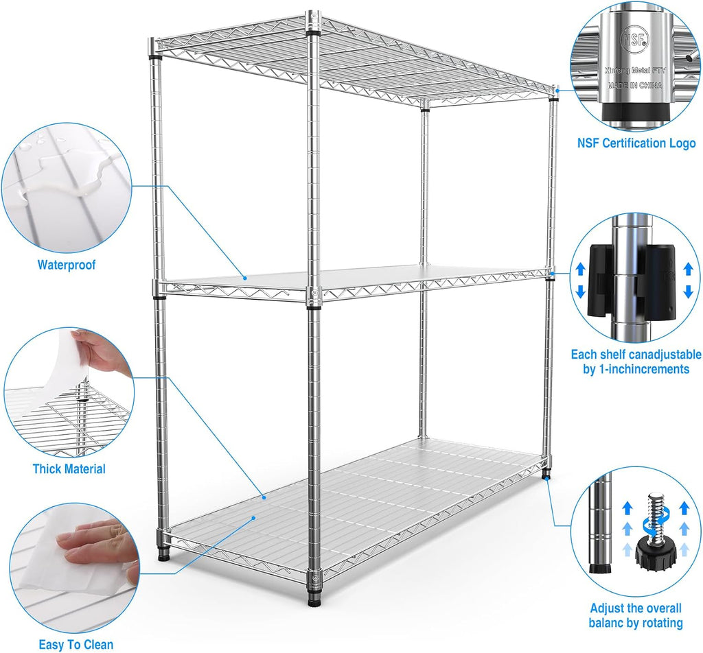 pouseayar 3 Tier NSF Metal Shelf Wire Shelving Unit, 1050lbs Capacity Heavy Duty Adjustable Storage Rack with Shelf Liners - 48' H x 48' L x 18' D for Closet Kitchen Garage Basement and More - Chrome