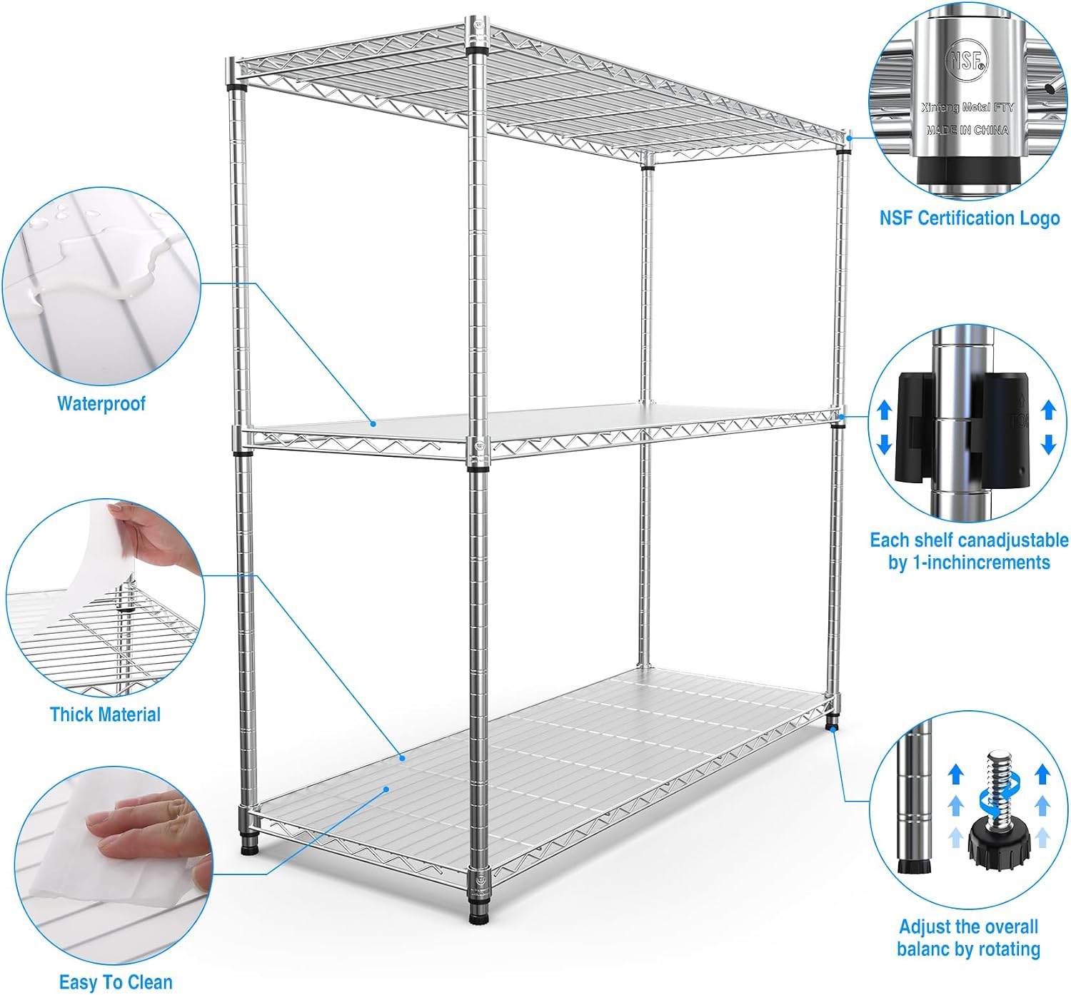 pouseayar 3 Tier NSF Metal Shelf Wire Shelving Unit, 1050lbs Capacity Heavy Duty Adjustable Storage Rack with Shelf Liners - 48' H x 48' L x 18' D for Closet Kitchen Garage Basement and More - Chrome