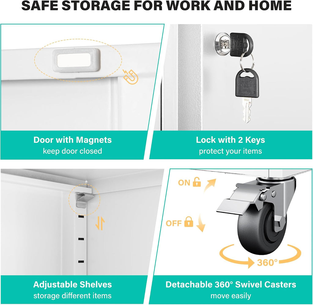 SISESOL Wide & Deep Metal Storage Cabinet with Wheels,Tall Rolling Garage Storage Cabinet with Lock,White Metal Cabinets with Pegboards and Shelves,Tool Locker for Garage,Home,Office,43''Wx 20''Dx71'H