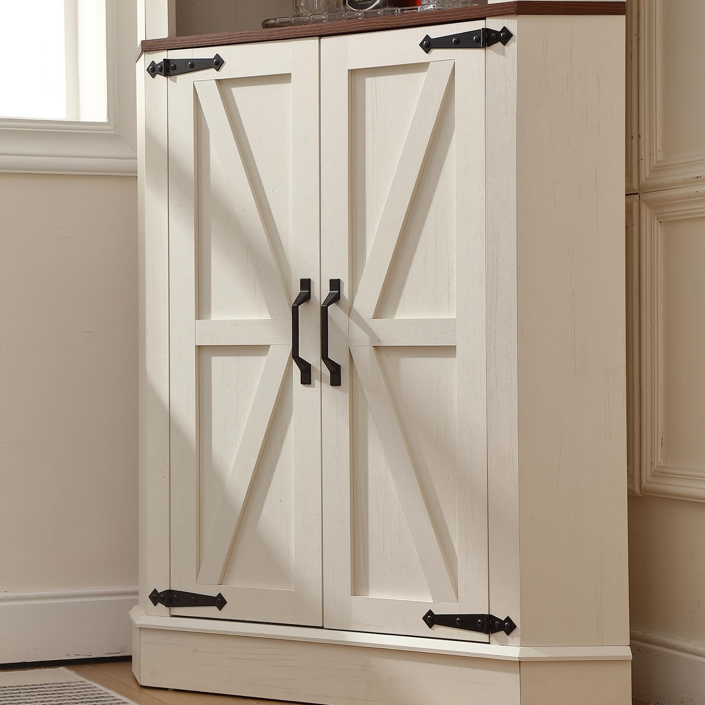 66.92'' Tall Corner Cabinet with Adjustable Shelves for Great Storage and Showcase,Storage Cabinet Double as Corner Liquor Cabinet with Hexagon Design for Livinng room,Kitchen and Bathroom,Off White