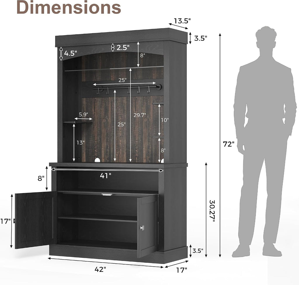 GarveeHome Coffee Bar Cabinet with LED Lights,72 '' Tall Buffet Cabinet with Storage,Farmhouse Kitchen Sideboard Tall Coffee Hutch with Microwave Stand/Wine Rack/Glass Shelf Dining Room (Black)