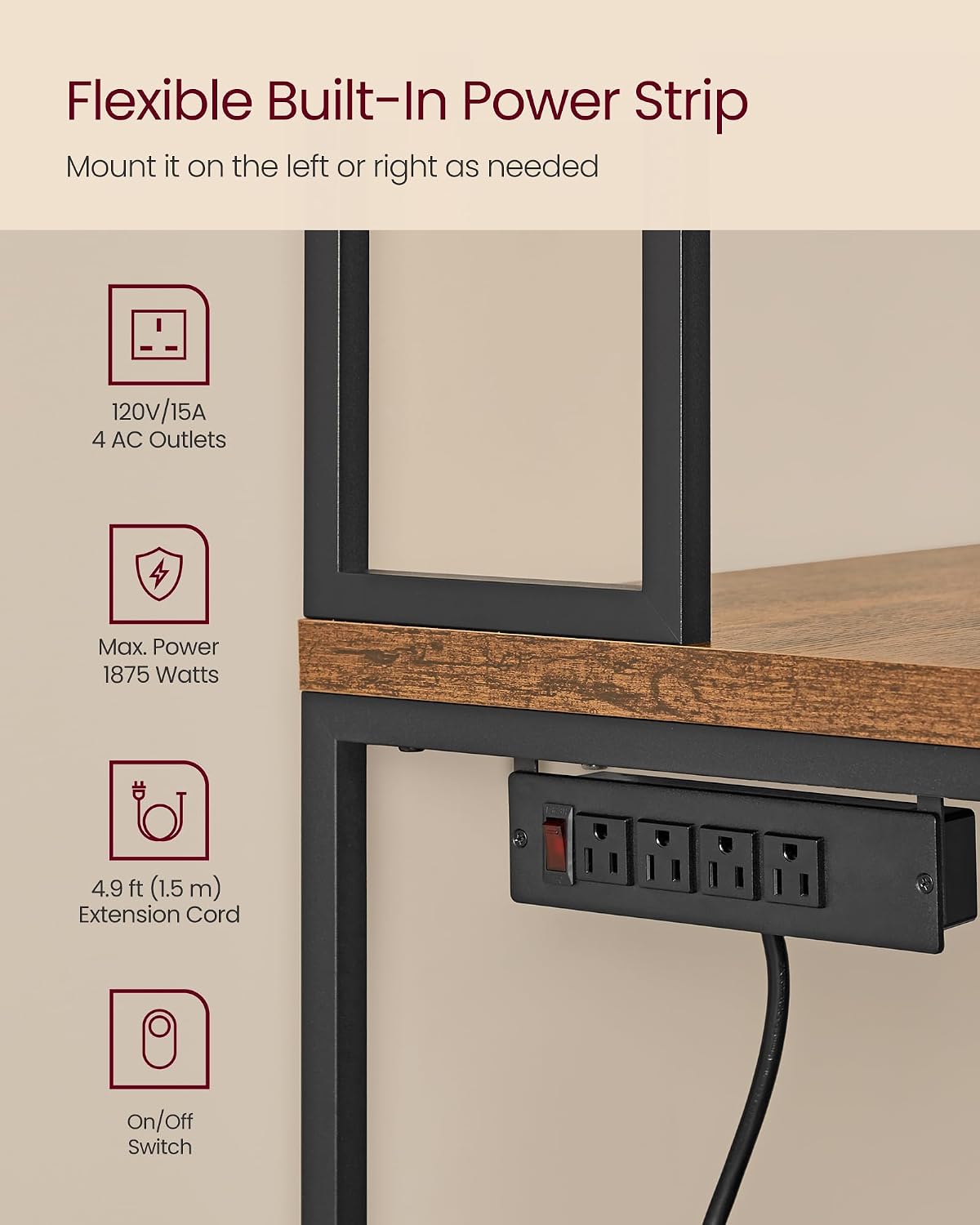 VASAGLE Kitchen Bakers Rack with Power Outlet, Coffee Bar with 35.4-Inch High Worktop, Microwave Stand with 8 Hooks, 15.7 x 31.5 x 66.9 Inches, Rustic Brown and Ink Black UKKS059K01