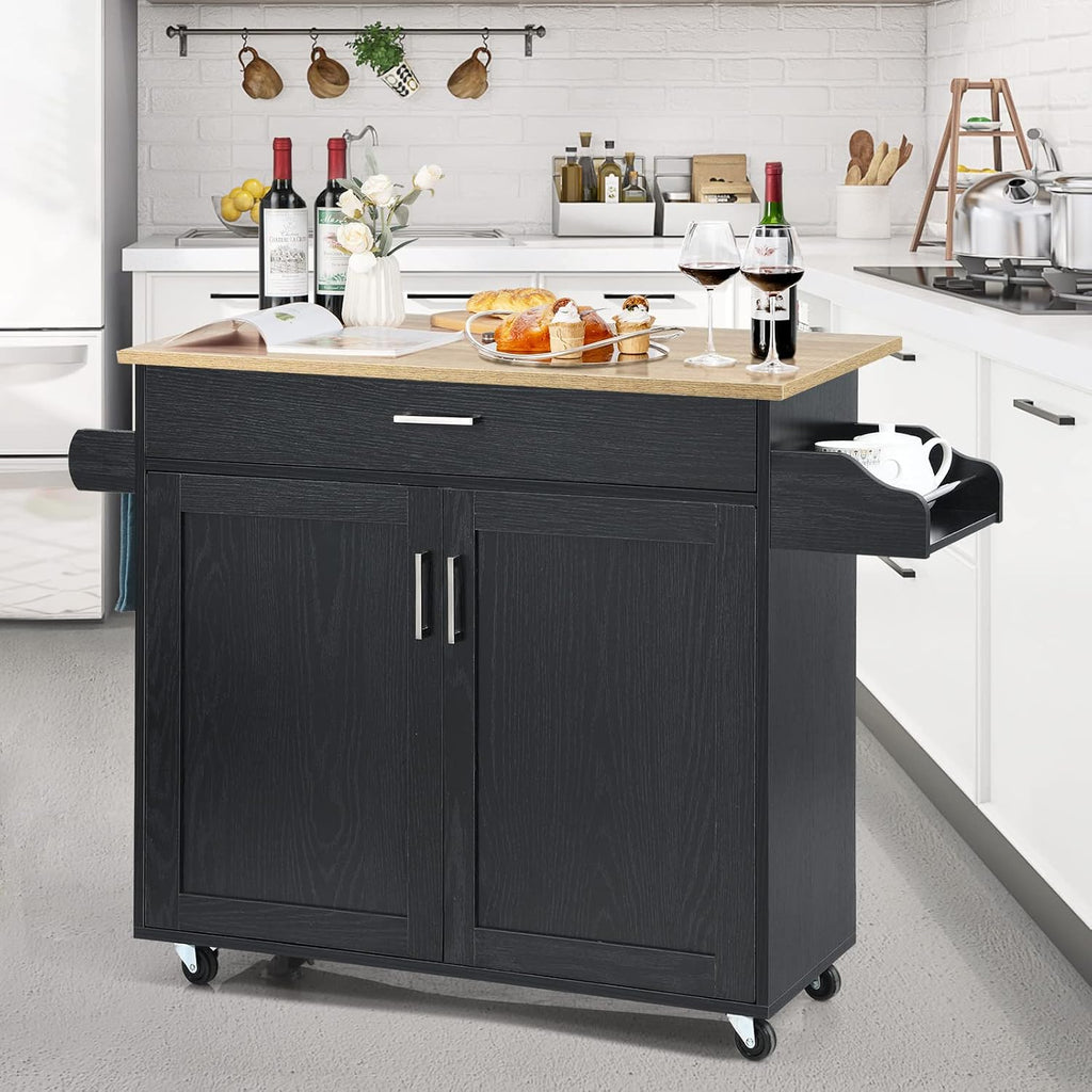 COSTWAY Kitchen Island On Wheels, Rolling Storage Trolley Cart with Large Cabinet, Drawer, Spice Rack and Towel Rack, Kitchen Serving Utility, 3-Position Adjustable Shelf (Black)