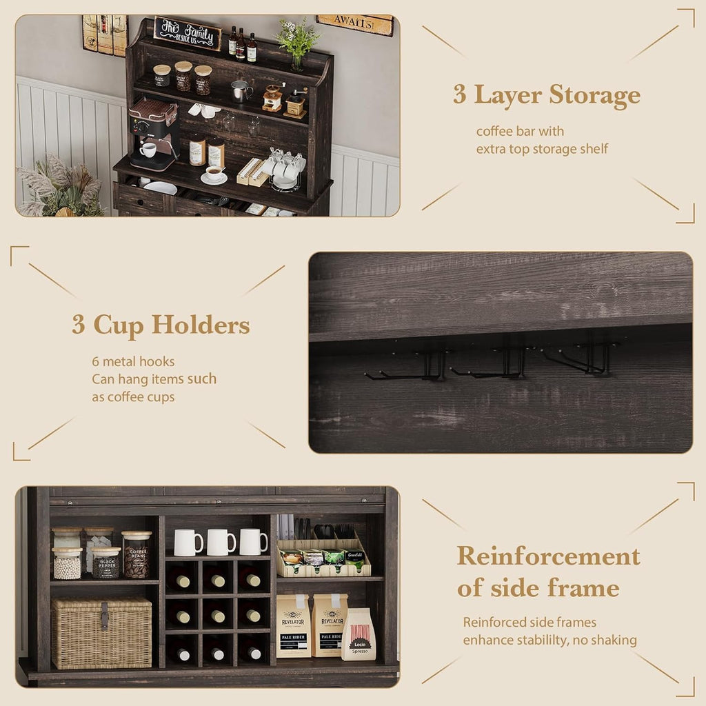 REVOMINCA 63 Inch Tall Coffee Bar Cabinet with 3-Tier, Kitchen Hutch with 3 Large Drawers, Farmhouse Coffee Bar with 9 Wine Racks & 3 Glass Holders, Wine Storage Cabinet for Living Dining Room, Oak