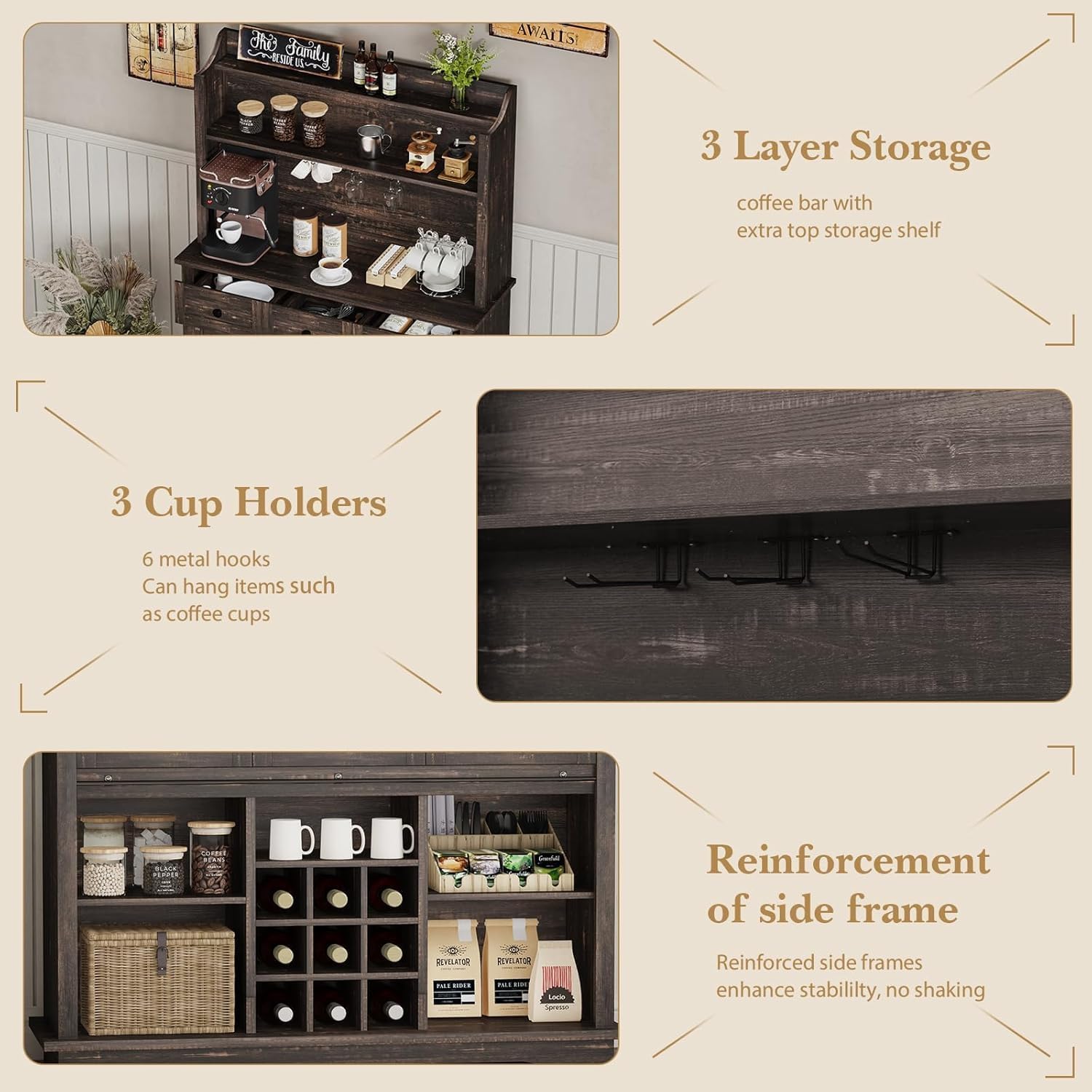 REVOMINCA 63 Inch Tall Coffee Bar Cabinet with 3-Tier, Kitchen Hutch with 3 Large Drawers, Farmhouse Coffee Bar with 9 Wine Racks & 3 Glass Holders, Wine Storage Cabinet for Living Dining Room, Oak