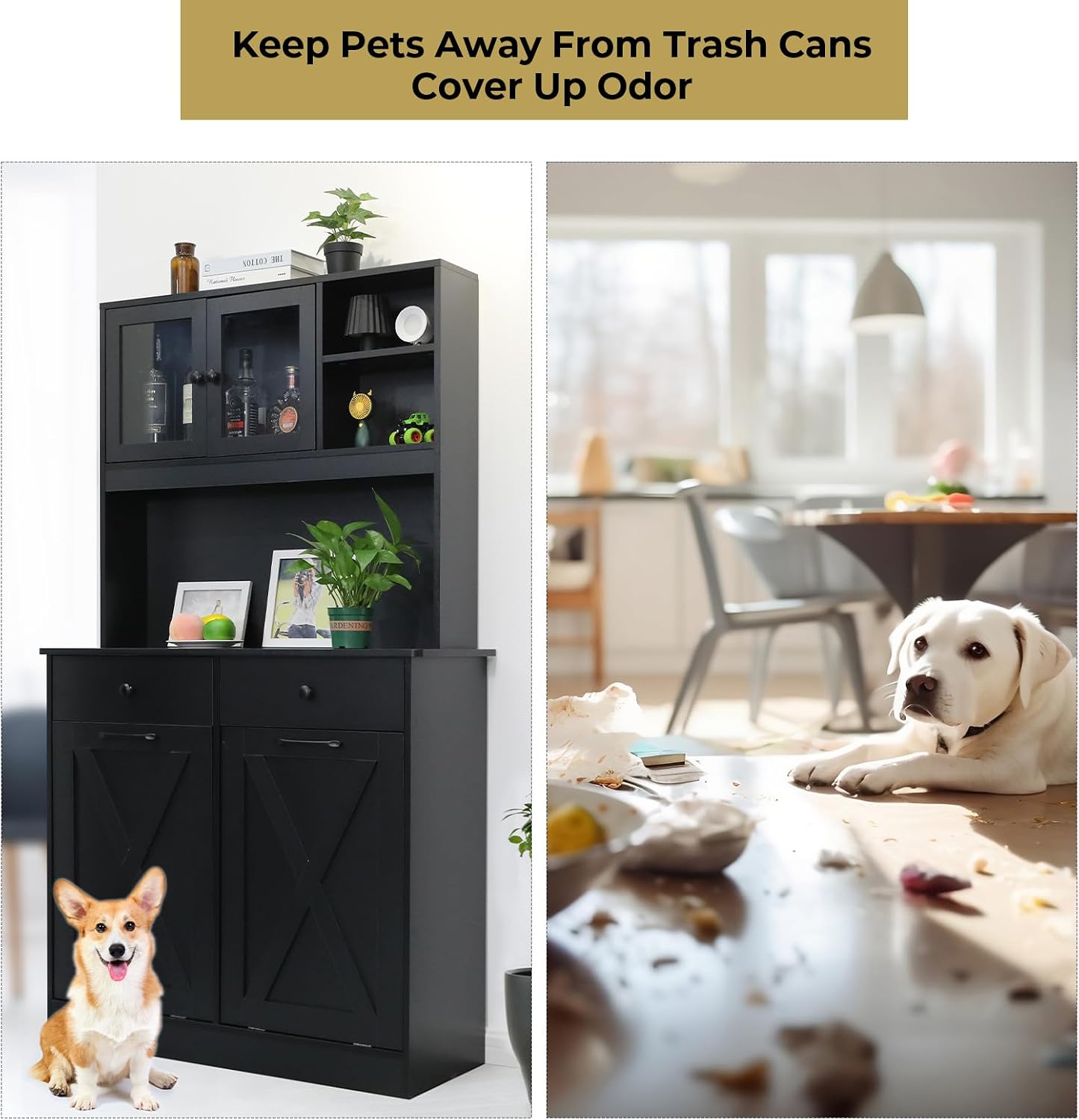 Arlopu Dual Tilt Out Trash&Storage Cabinet, Kitchen Sideboard Cupboard W/Pet Proof 10X2 Gal Hidden Garbage Holder, Freestand Laundry Sort Cabinet, W/Drawer, Shelves,Barn Door (Black)