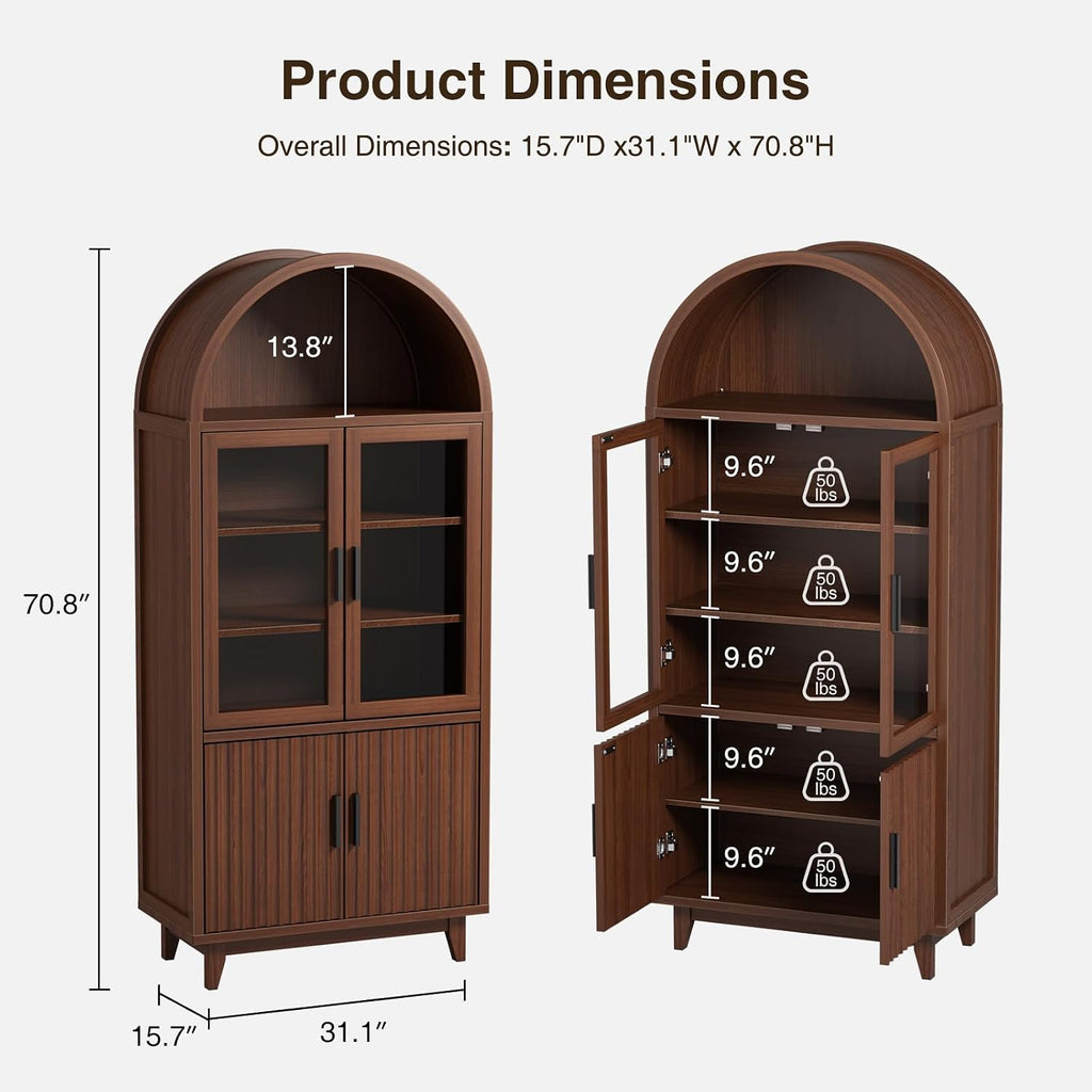 FiveWillowise Kitchen Pantry Cabinet with Glass Doors - Arched Design, Solid Wood Legs, Artistic Fluted Door, Adjustable Shelves, 70.8' Curved Storage Cabinet for Kitchen, Dining Room