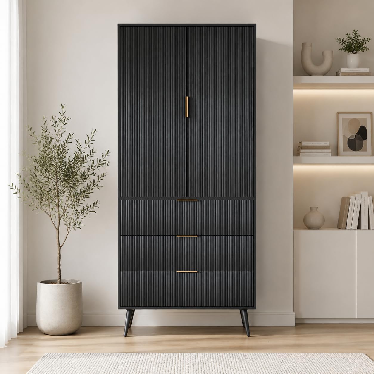 Tall Storage Cabinet, Kitchen Pantry Cabinet with Adjustable Shelves & Fluted Panel Design, Wood Cupboard with 3 Drawers 2 Doors, Tall Home Cupboard for Living Room, Kitchen, Black