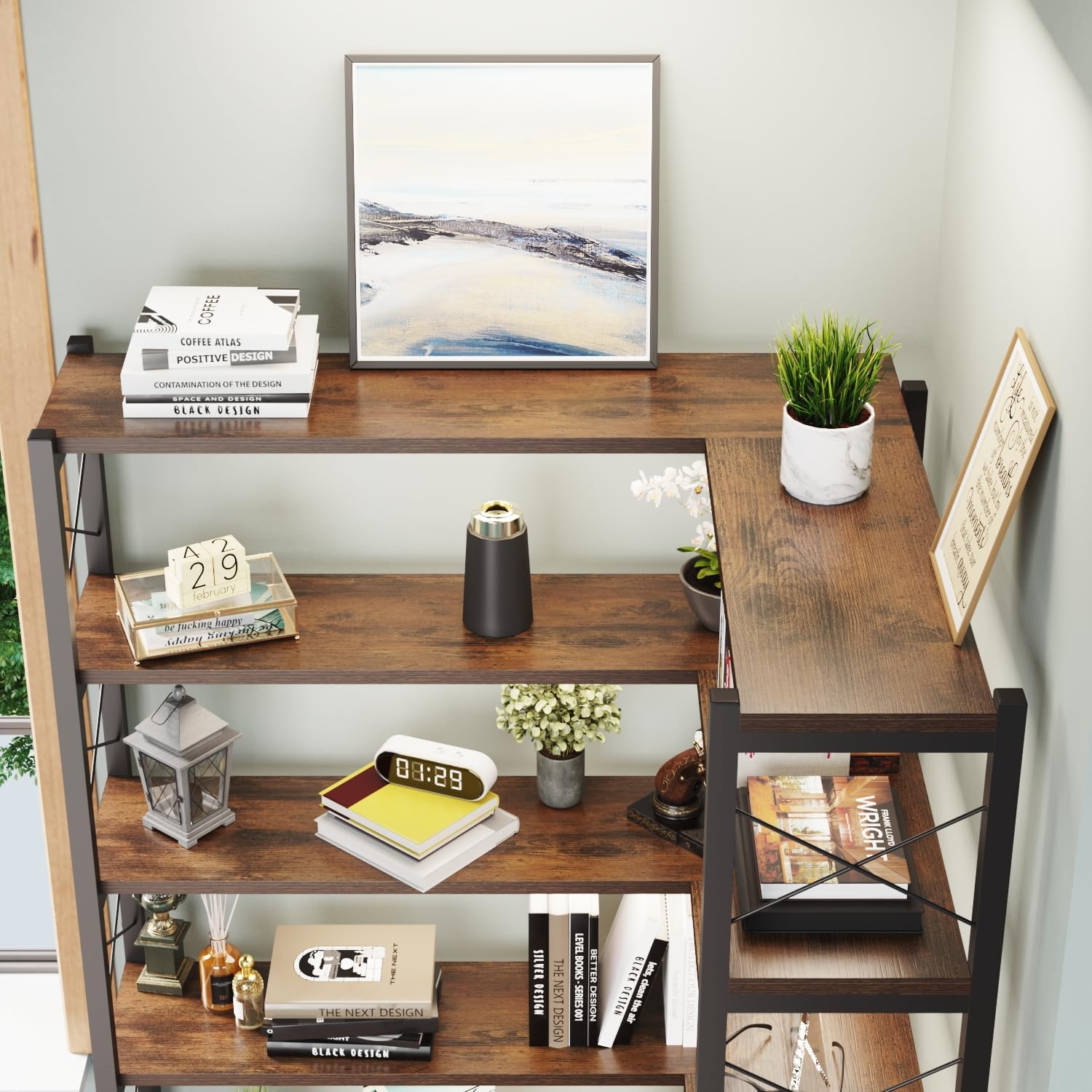 Corner Bookshelves and Bookcases Industrial Corner Etagere Bookcase L Shaped Shelf 5-Tiers with Metal Frame for Living Room Home Office