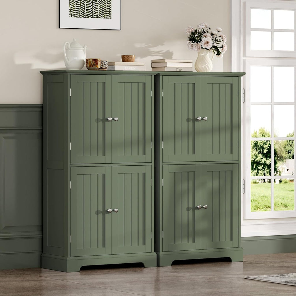 ChooChoo Bathroom Floor Cabinet, Modern Bathroom Storage Cabinet with 4 Doors and Adjustable Shelves, Freestanding Cupboard for Living Room, Green