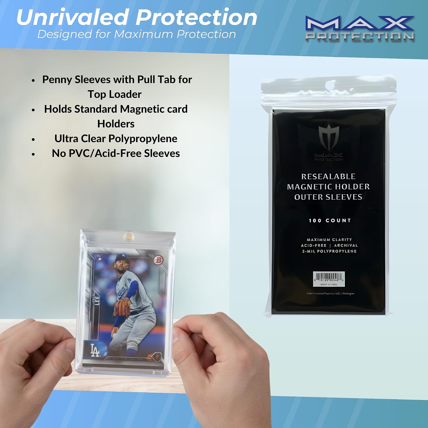 Max Protection Magnetic Card Holder Sleeves - Resealable 100ct Packs - Crystal Clear Acid-Free Polypropylene - Secure & Protect from Scratches, Fingerprints - Archival Quality (10000 Sleeves)
