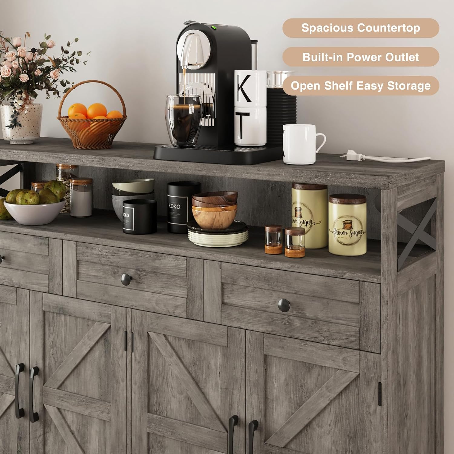 FiveWillowise 51' Farmhouse Buffet Sideboard with Storage, Kitchen Pantry Cabinet with Storage Drawers, Wood Cupboard Hutch, Coffee Bar Station Table for Kitchen, Living Room, Dining Room, Grey