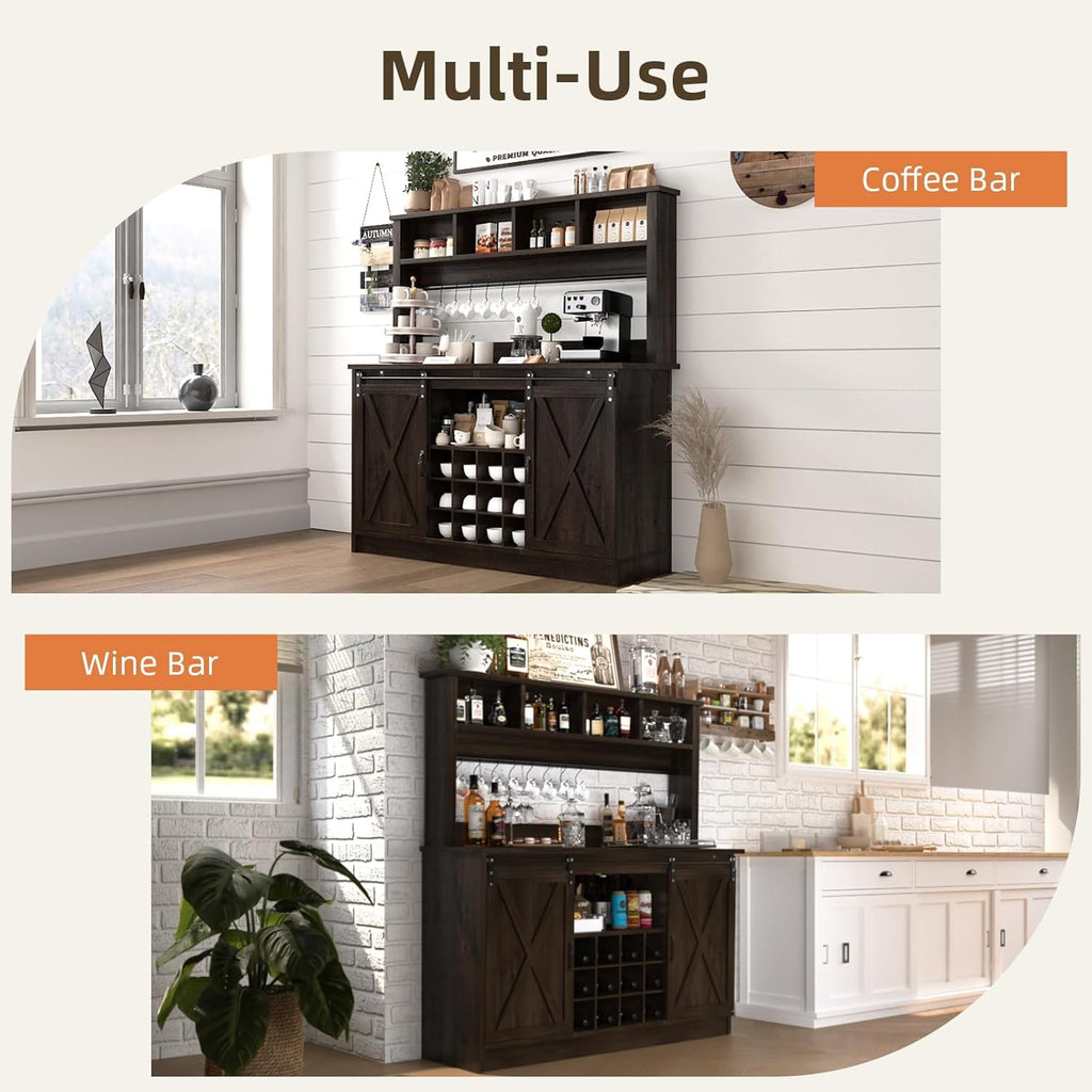 4ever2buy Farmhouse Coffee Bar Cabinet with Storage Hutch, 55' Wine Bar with 12 Wine Racks and 8 Hooks, Coffee Station with 4 Open Shelves and Sliding Barn Doors for Kitchen, Dining Room, Dark Oak