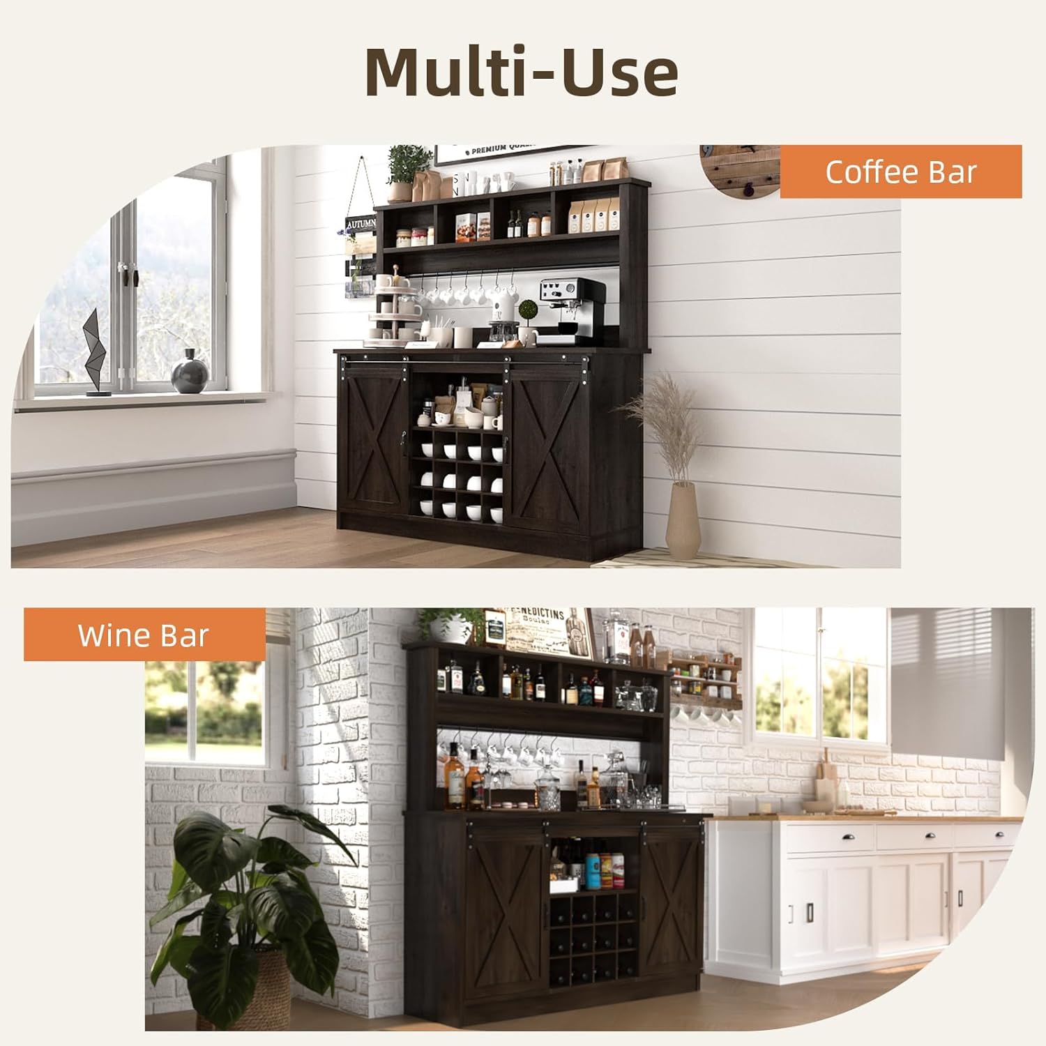 4ever2buy Farmhouse Coffee Bar Cabinet with Storage Hutch, 55' Wine Bar with 12 Wine Racks and 8 Hooks, Coffee Station with 4 Open Shelves and Sliding Barn Doors for Kitchen, Dining Room, Dark Oak