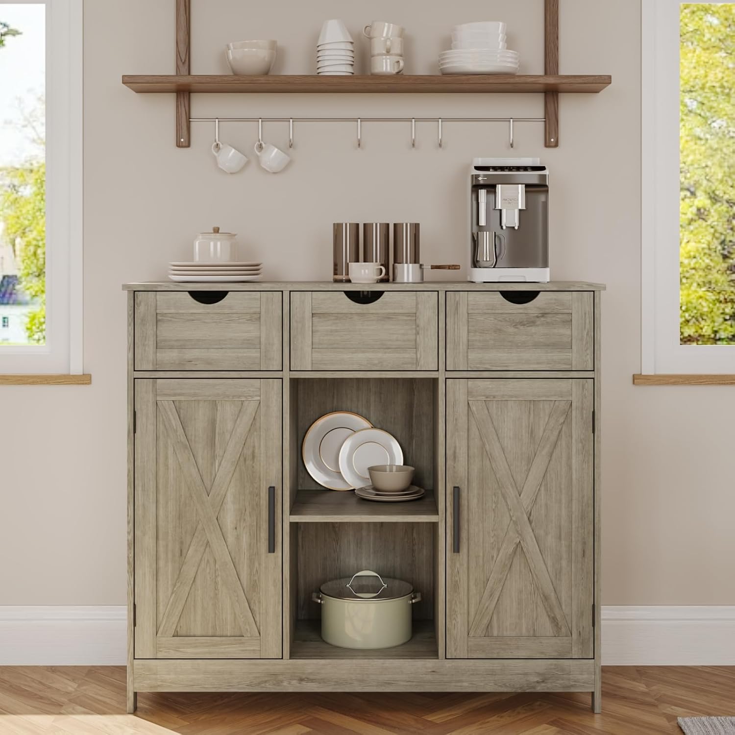 Viaozutis Storage Cabinet, Coffee Bar Cabinet with 2 Adjustable Shelves, 3 Drawers, and 2 Doors, for Bathroom, Kitchen, Living Room (Gray)