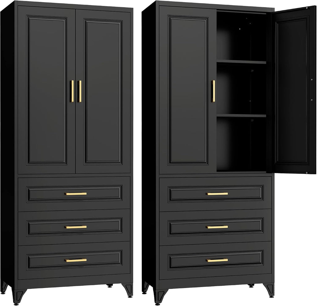 SteeLoong 75' Kitchen Pantry Cabinet with 3 Drawers,Metal Storage Cabinets with Doors and 2 Adjustable Shelves,Black Kitchen Cabinet with 2 Gold Handles,Food Cupboard for Livingroom, Bathroom,Pantry